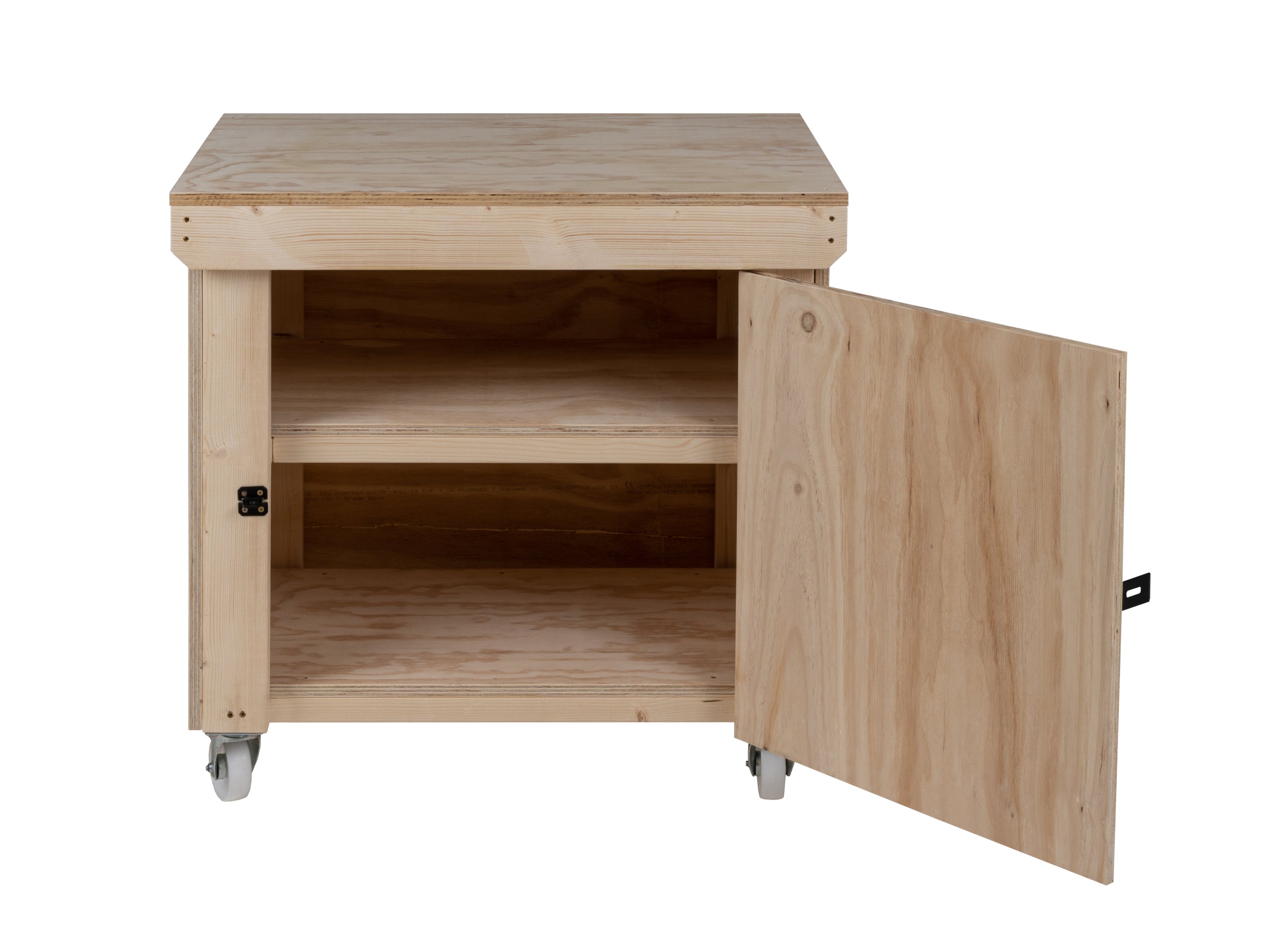Wooden Plywood Top Workbench With Lockable Cupboard (V.9) With Wheels, Double Shelf
