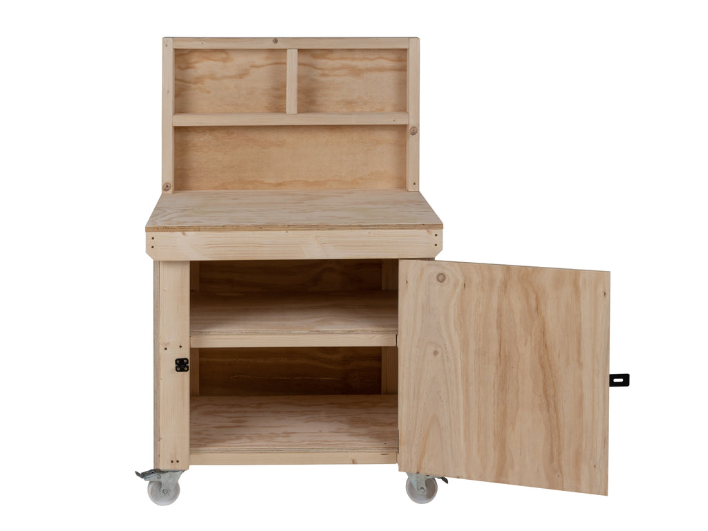 Wooden Plywood Top Workbench With Lockable Cupboard (V.9) With back panel, With wheels, Double Shelf
