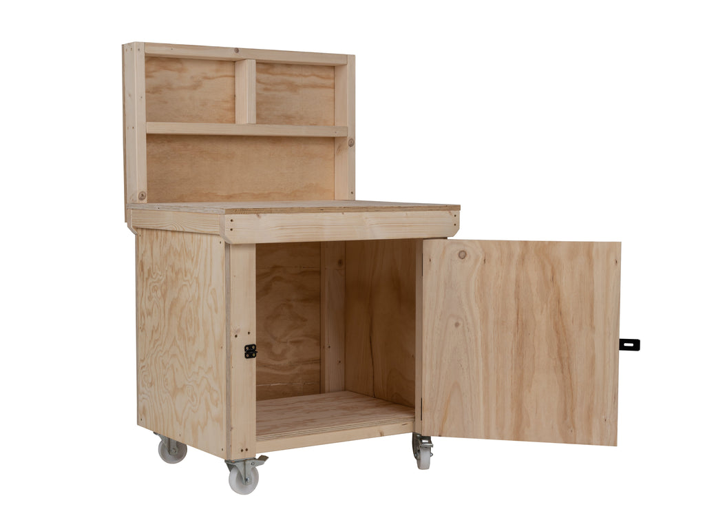 Wooden Plywood Top Workbench With Lockable Cupboard (V.9) With back panel, With Wheels