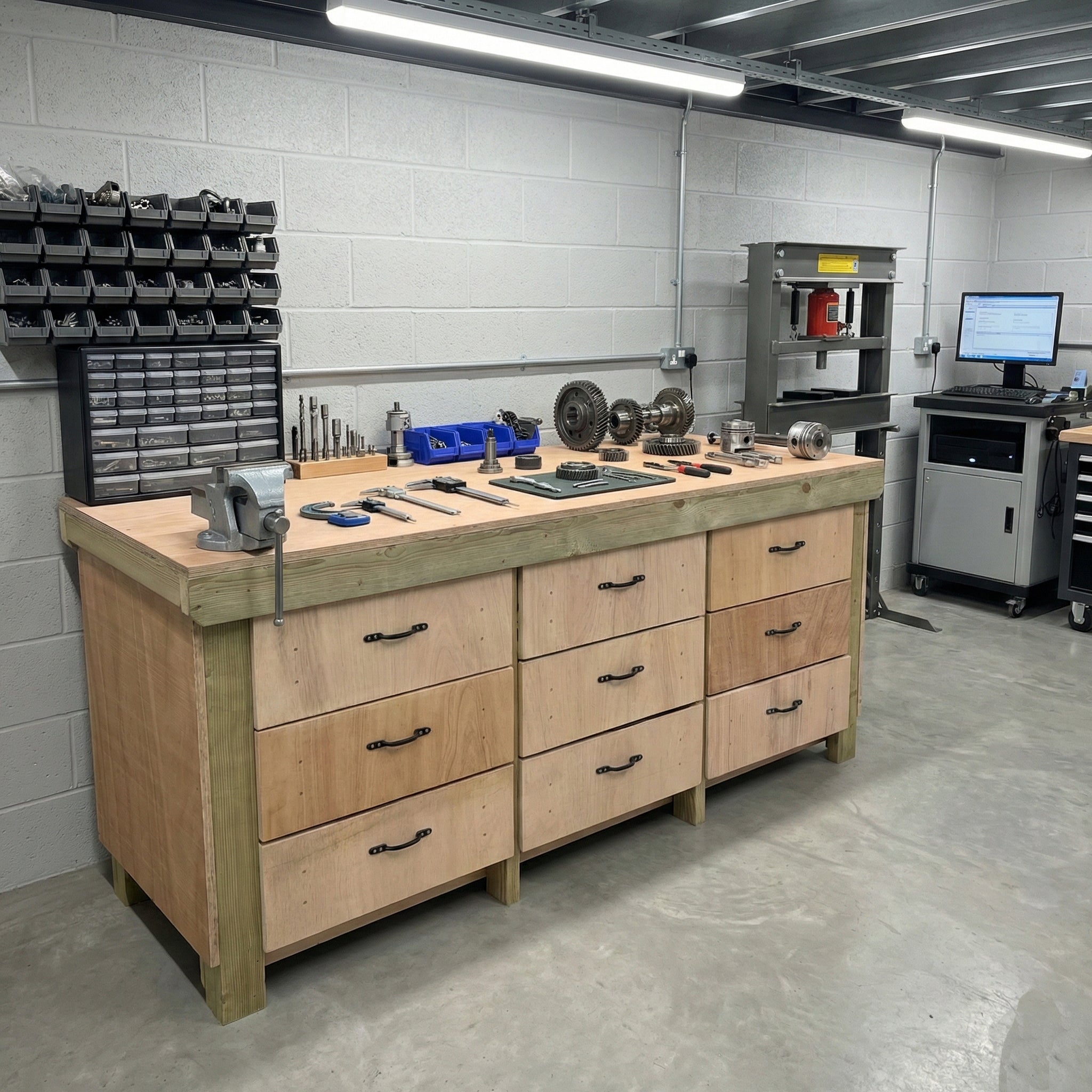 Wooden Eucalyptus Hardwood Top Workbench, Tool Cabinet With Drawers (V.2)