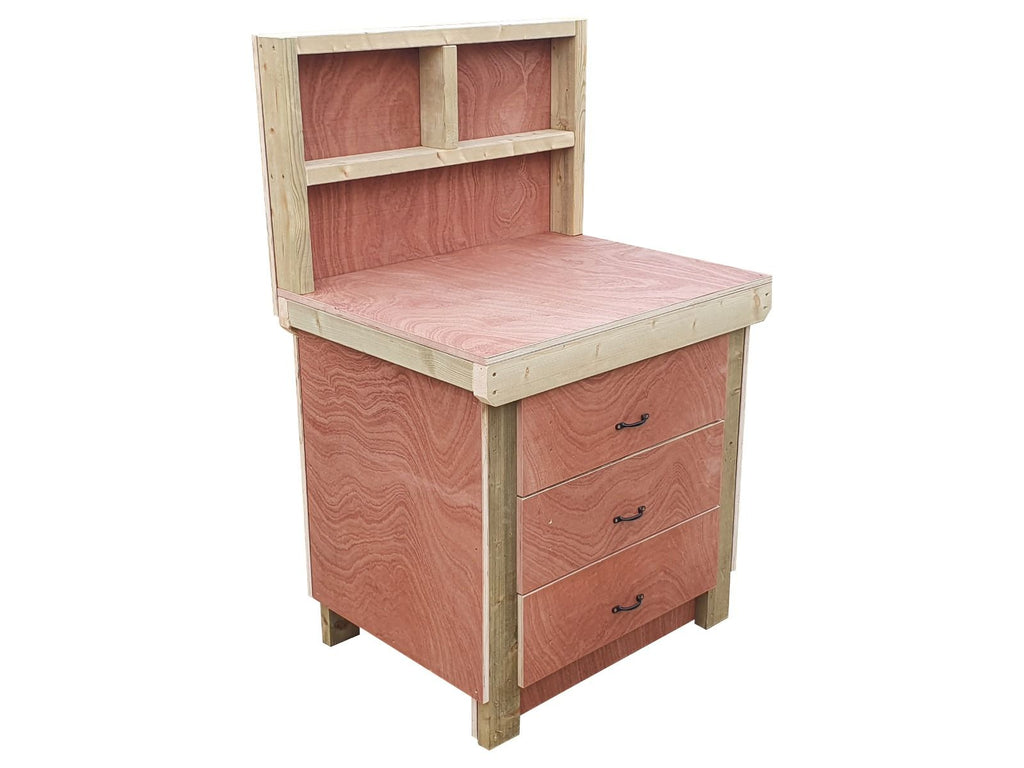Wooden Eucalyptus Hardwood Top Workbench, Tool Cabinet With Drawers (V.2) With Back Panel