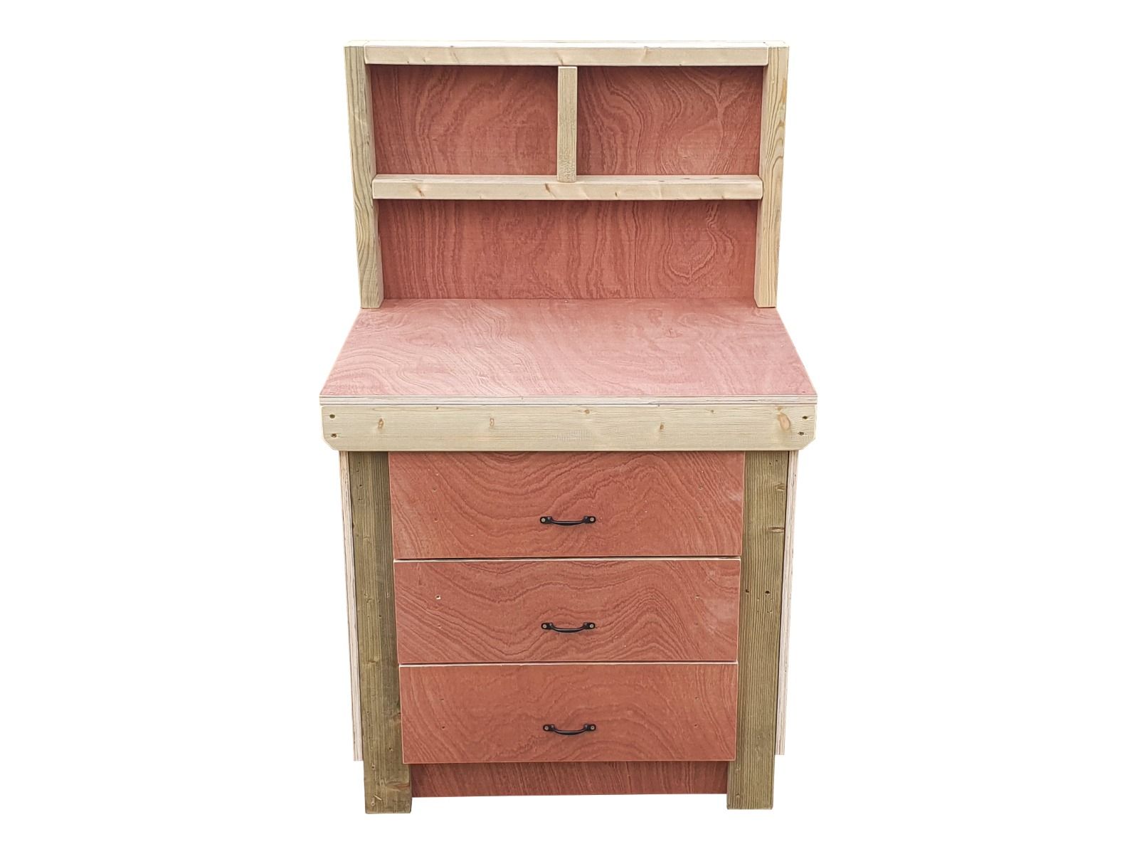 Wooden Eucalyptus Hardwood Top Workbench, Tool Cabinet With Drawers (V.2) With Back Panel