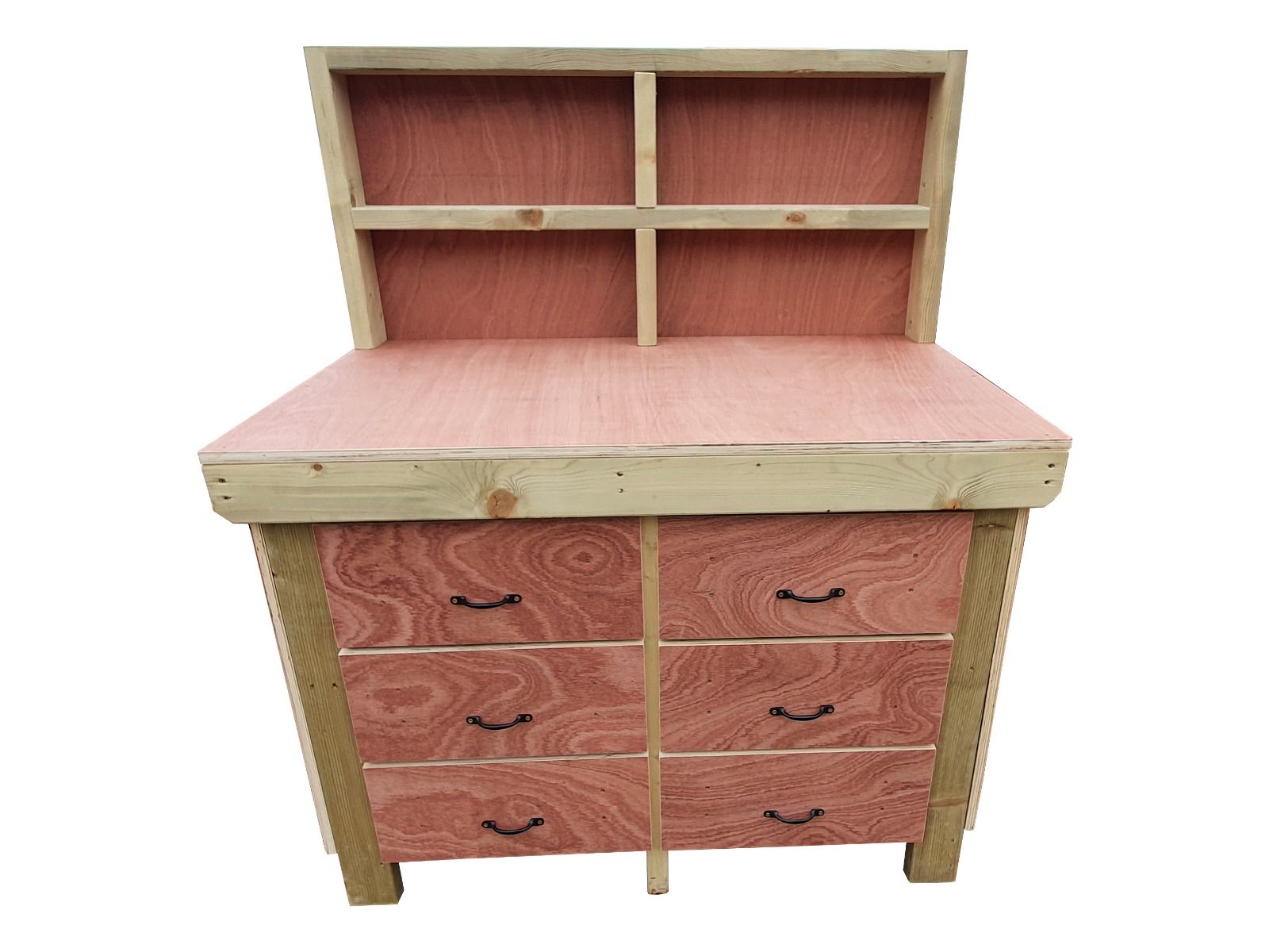Wooden Eucalyptus Hardwood Top Workbench, Tool Cabinet With Drawers (V.2) With Back Panel