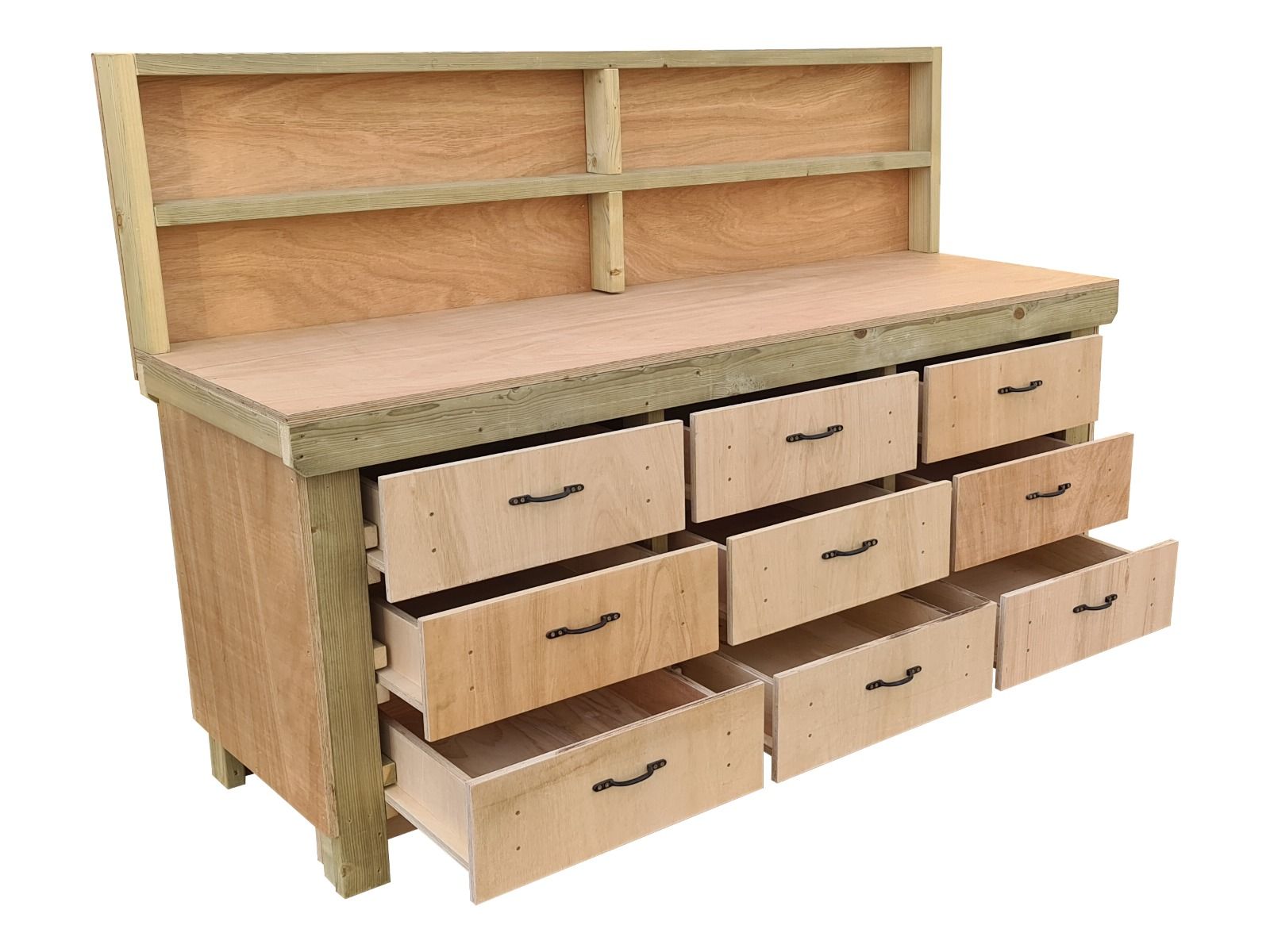 Wooden Eucalyptus Hardwood Top Workbench, Tool Cabinet With Drawers (V.2) With Back Panel