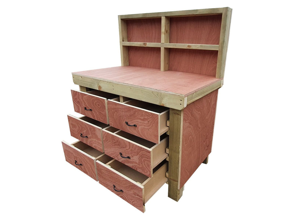 Wooden Eucalyptus Hardwood Top Workbench, Tool Cabinet With Drawers (V.2) With Back Panel