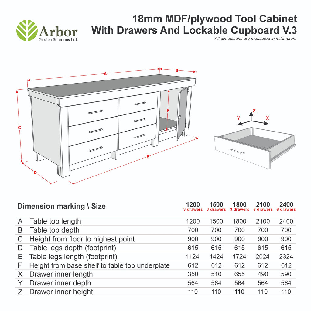 Wooden Eucalyptus hardwood top workbench, cabinet with lockable cupboard (V.3)