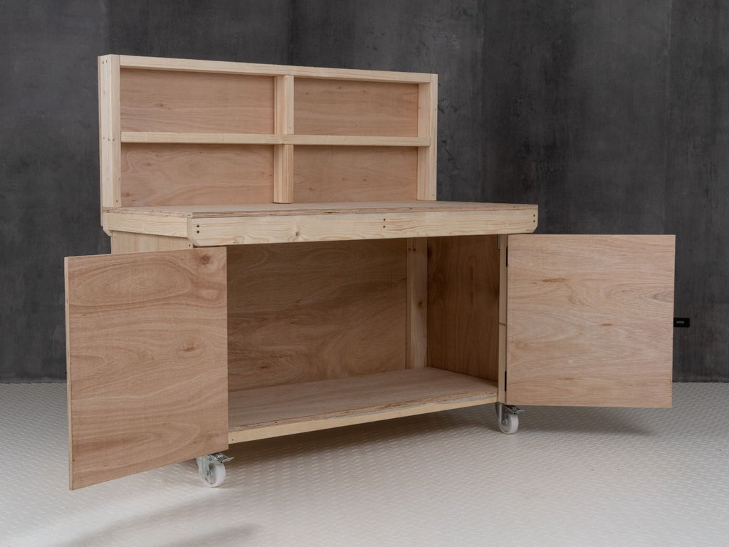 Wooden Eucalyptus hardwood top workbench with lockable cupboard (V.9) with back panel and wheels