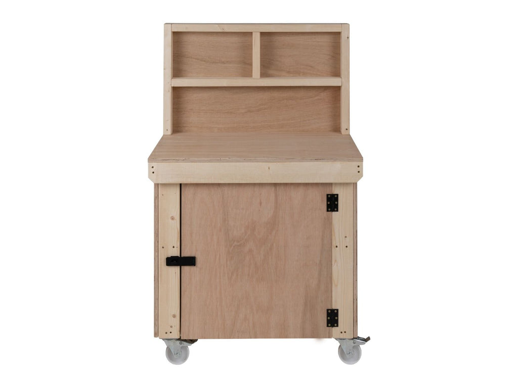 Wooden Eucalyptus hardwood top workbench with lockable cupboard (V.9) with back panel and wheels
