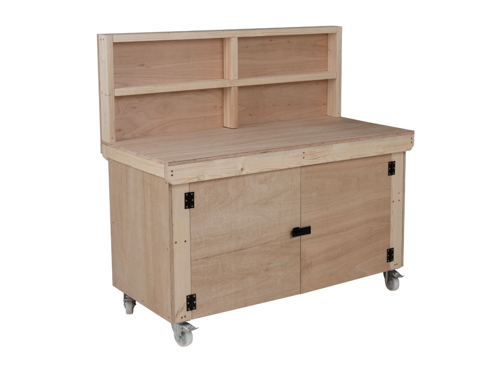 Wooden Eucalyptus hardwood top workbench with lockable cupboard (V.9) with back panel and wheels