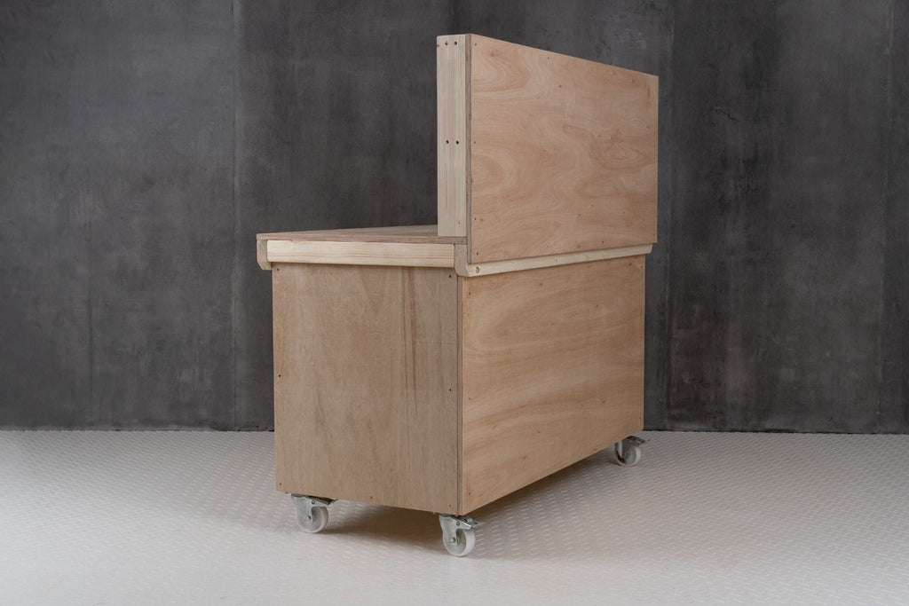 Wooden Eucalyptus hardwood workbench with lockable cupboard (V.9) with back panel, double shelf, wheels