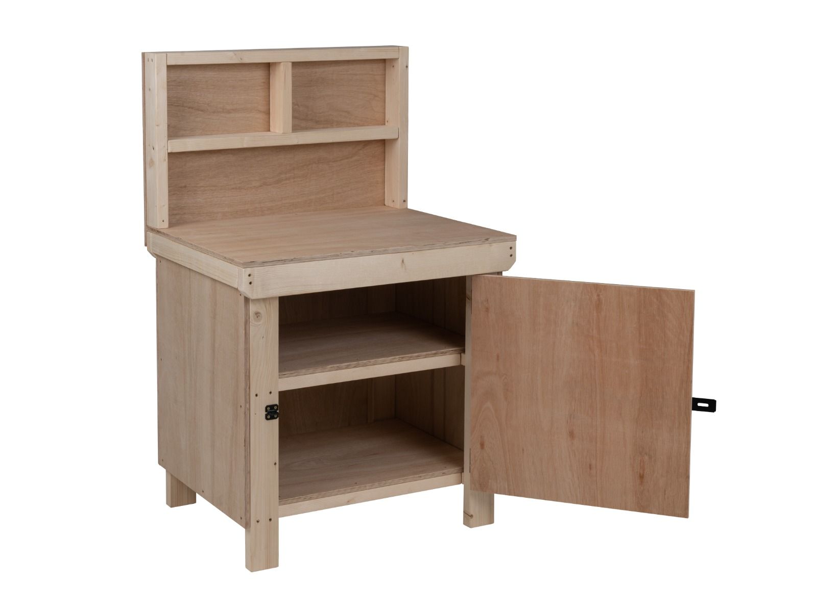 Wooden Eucalyptus hardwood top workbench with lockable cupboard (V.9) with back panel and double shelf