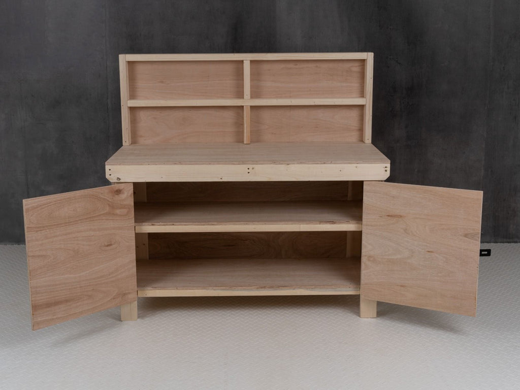Wooden Eucalyptus hardwood top workbench with lockable cupboard (V.9) with back panel and double shelf