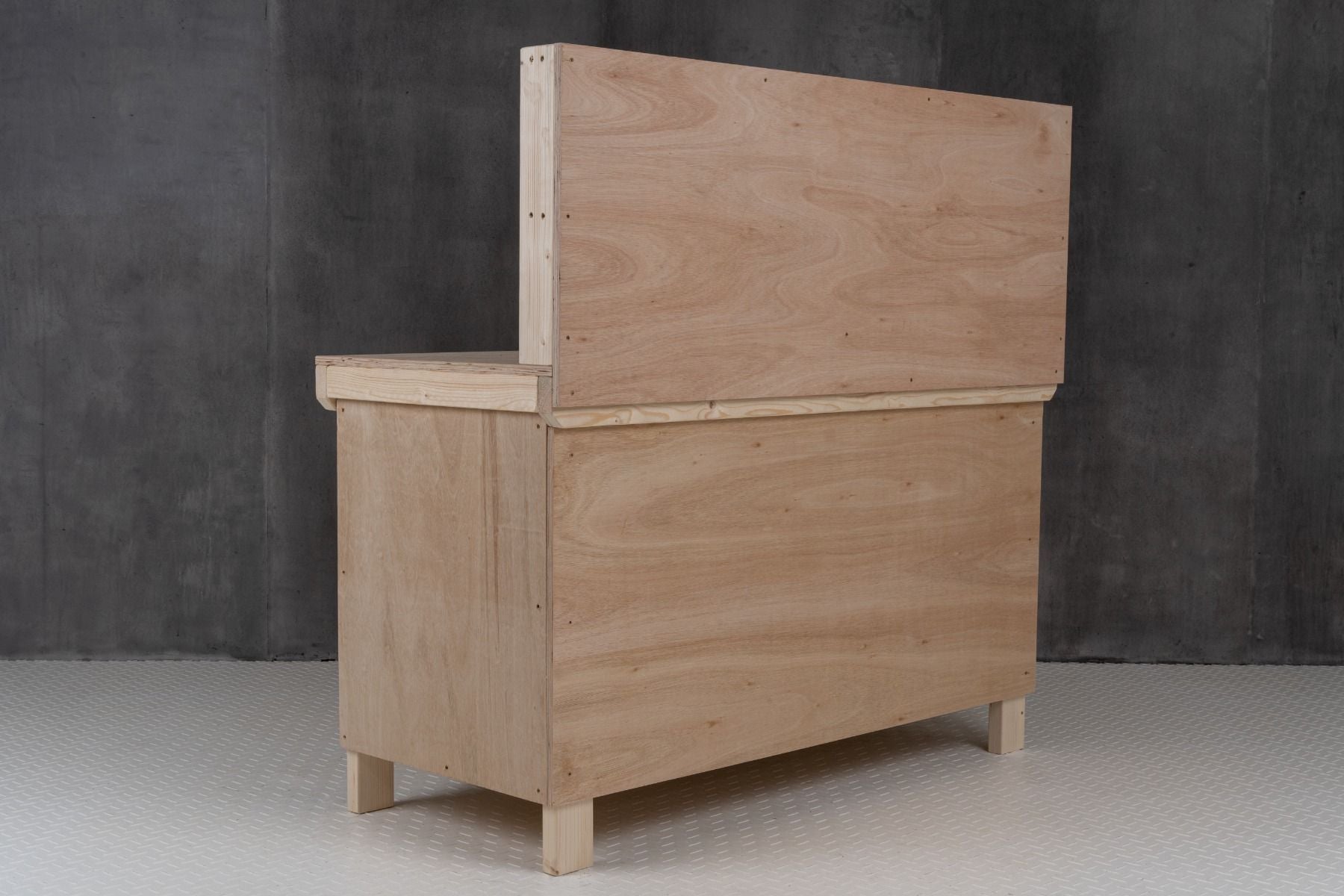 Wooden Eucalyptus hardwood top workbench with lockable cupboard (V.9) with back panel and double shelf