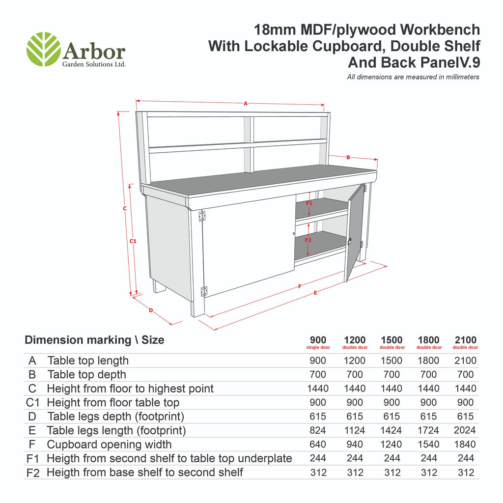 Wooden Eucalyptus hardwood top workbench with lockable cupboard (V.9) with back panel and double shelf