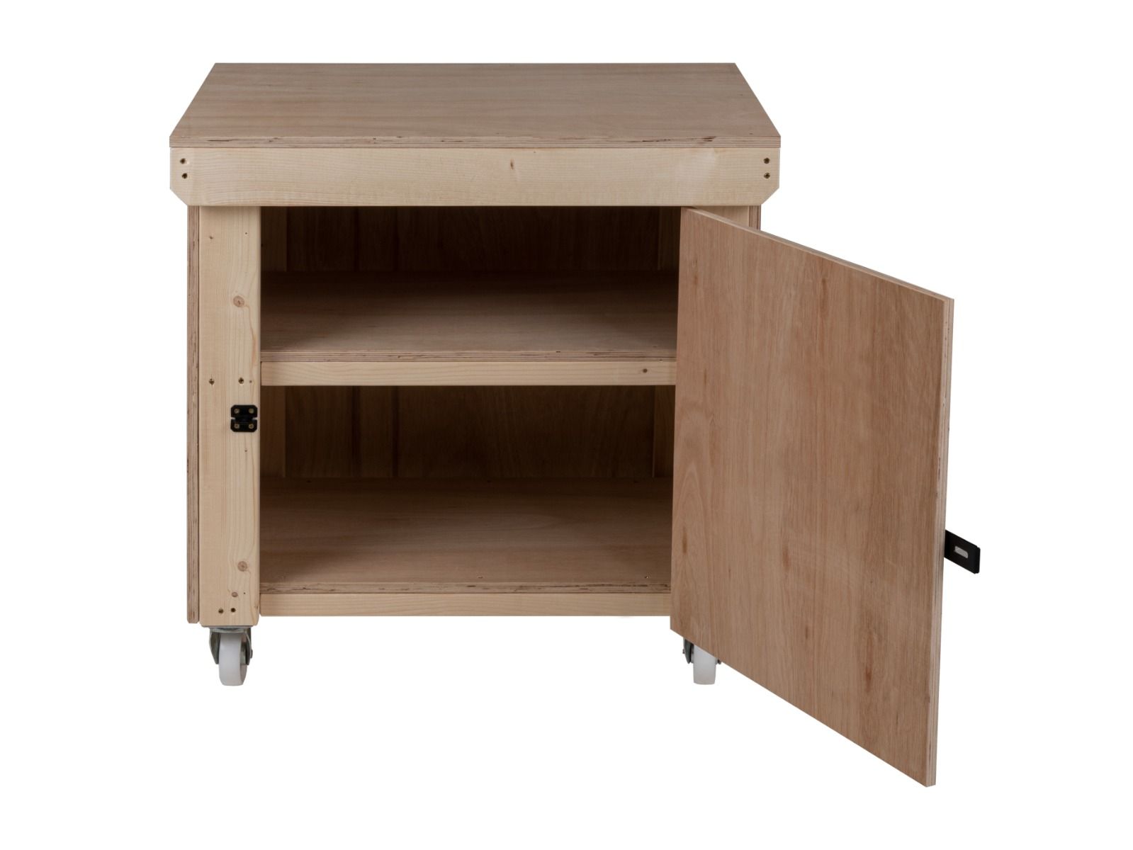 Wooden Eucalyptus hardwood top workbench with lockable cupboard (V.9) double shelf and wheels
