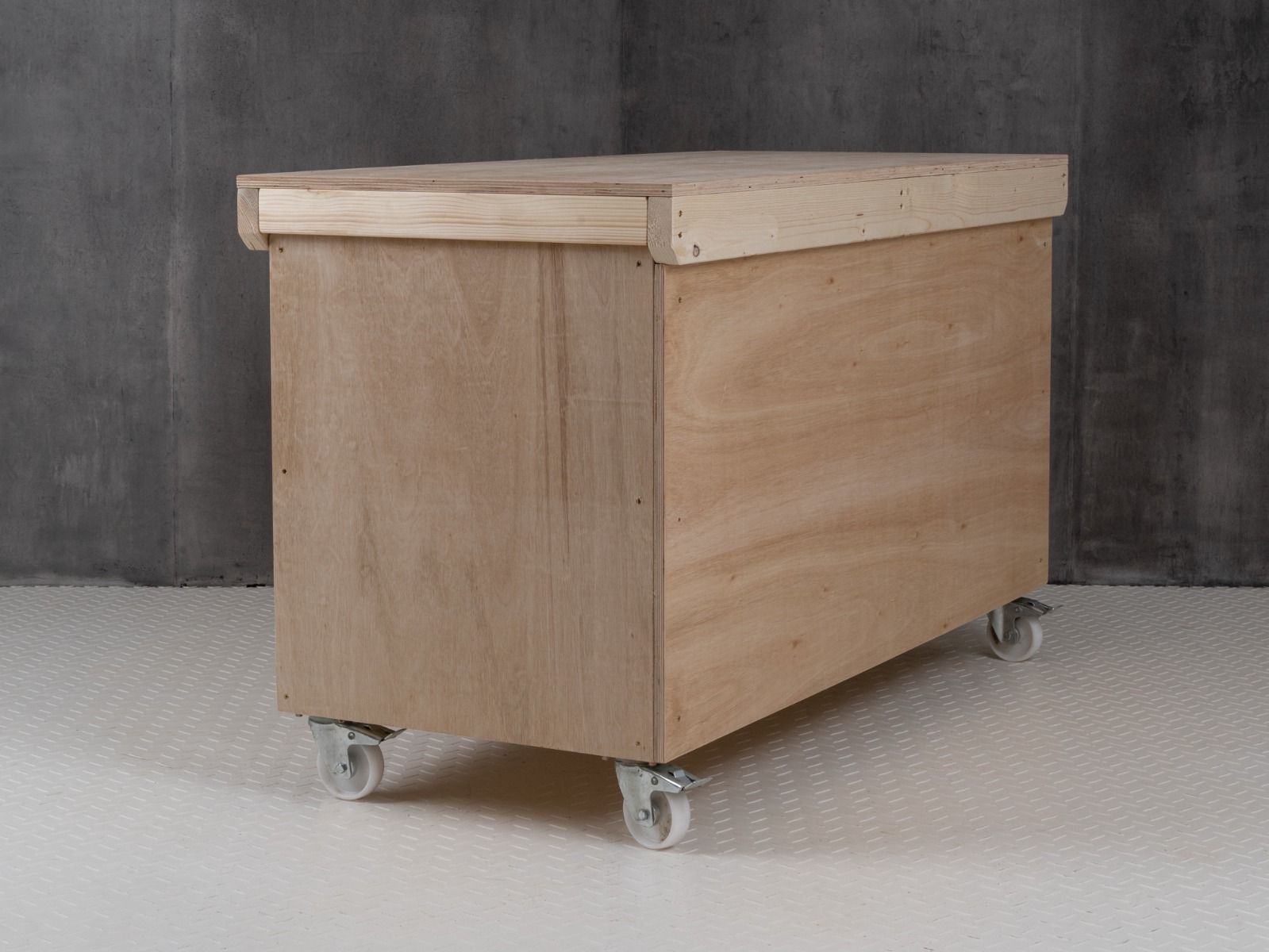 Wooden Eucalyptus hardwood top workbench with lockable cupboard (V.9) double shelf and wheels