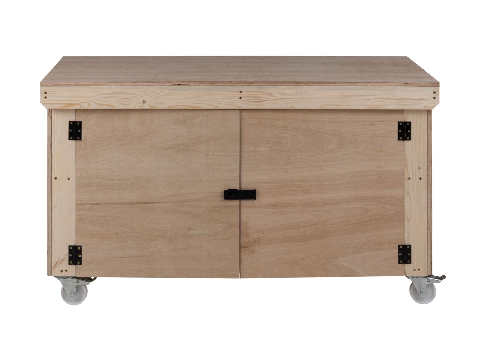 Wooden Eucalyptus hardwood top workbench with lockable cupboard (V.9) double shelf and wheels