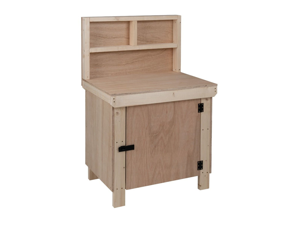 Wooden Eucalyptus hardwood top workbench with lockable cupboard (V.9) with back panel