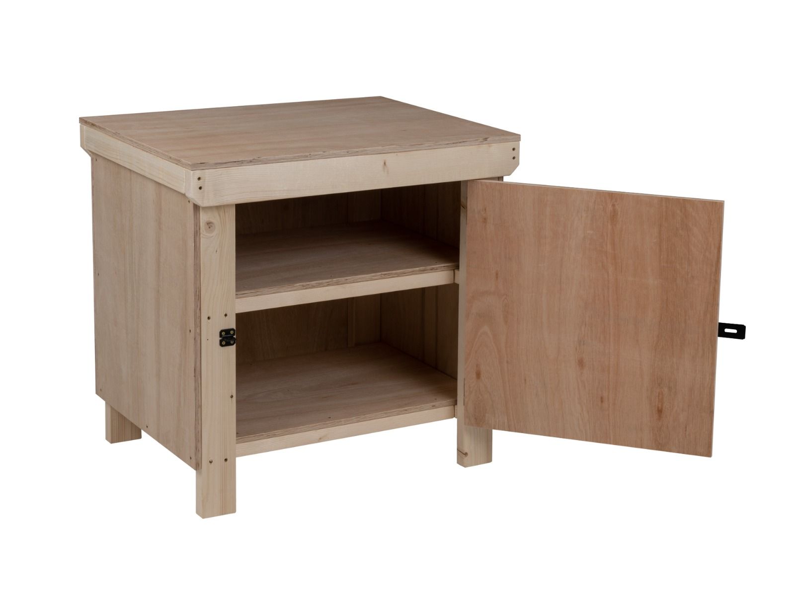 Wooden Eucalyptus hardwood top workbench with lockable cupboard (V.9) with double shelf