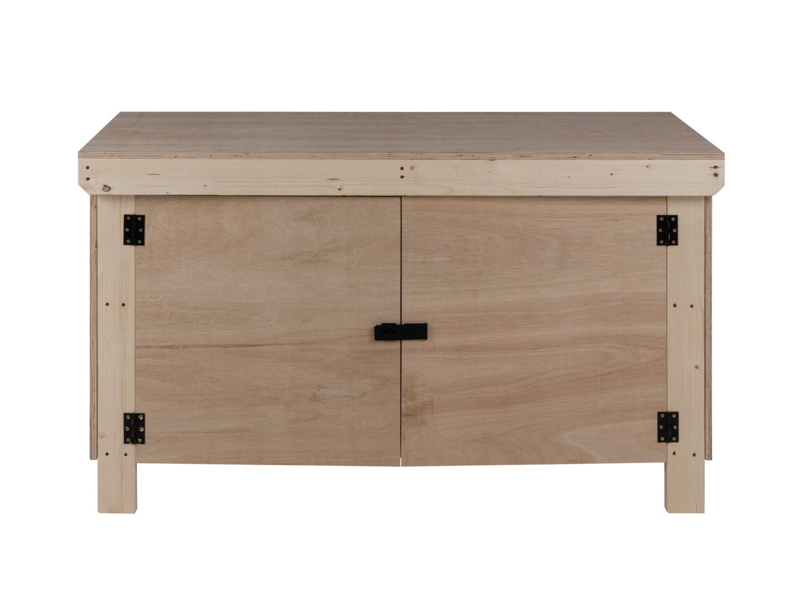 Wooden Eucalyptus hardwood top workbench with lockable cupboard (V.9) with double shelf
