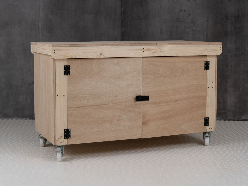 Wooden Eucalyptus hardwood top workbench with lockable cupboard (V.9) with wheels