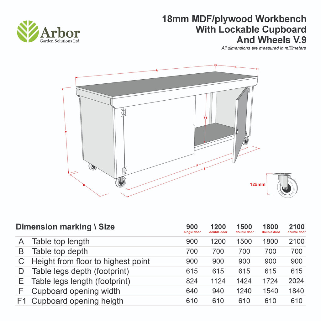 Wooden Eucalyptus hardwood top workbench with lockable cupboard (V.9) with wheels