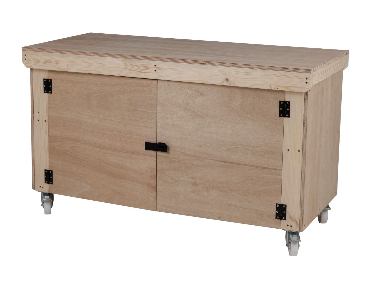 Wooden Eucalyptus hardwood top workbench with lockable cupboard (V.9) with wheels