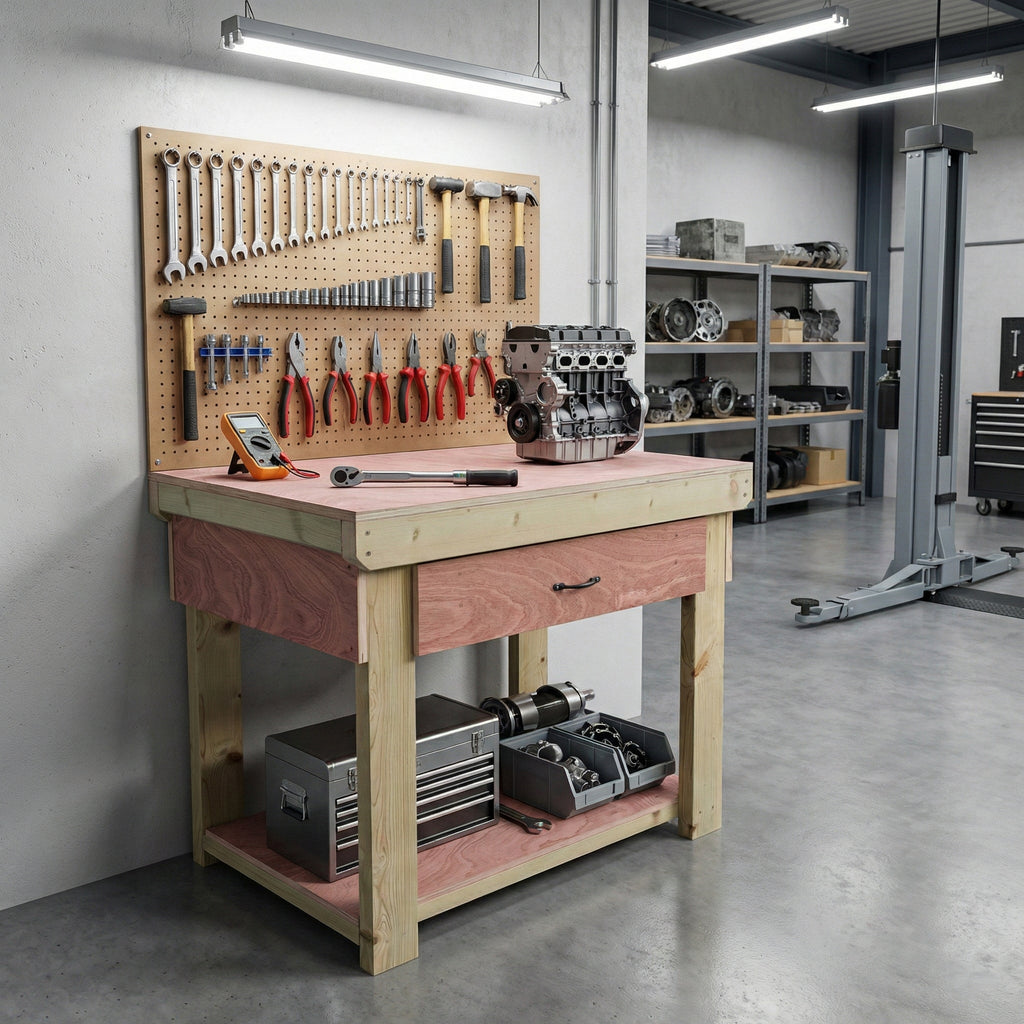 Wooden Eucalyptus hardwood workbench, tool cabinet with drawer (V.1)