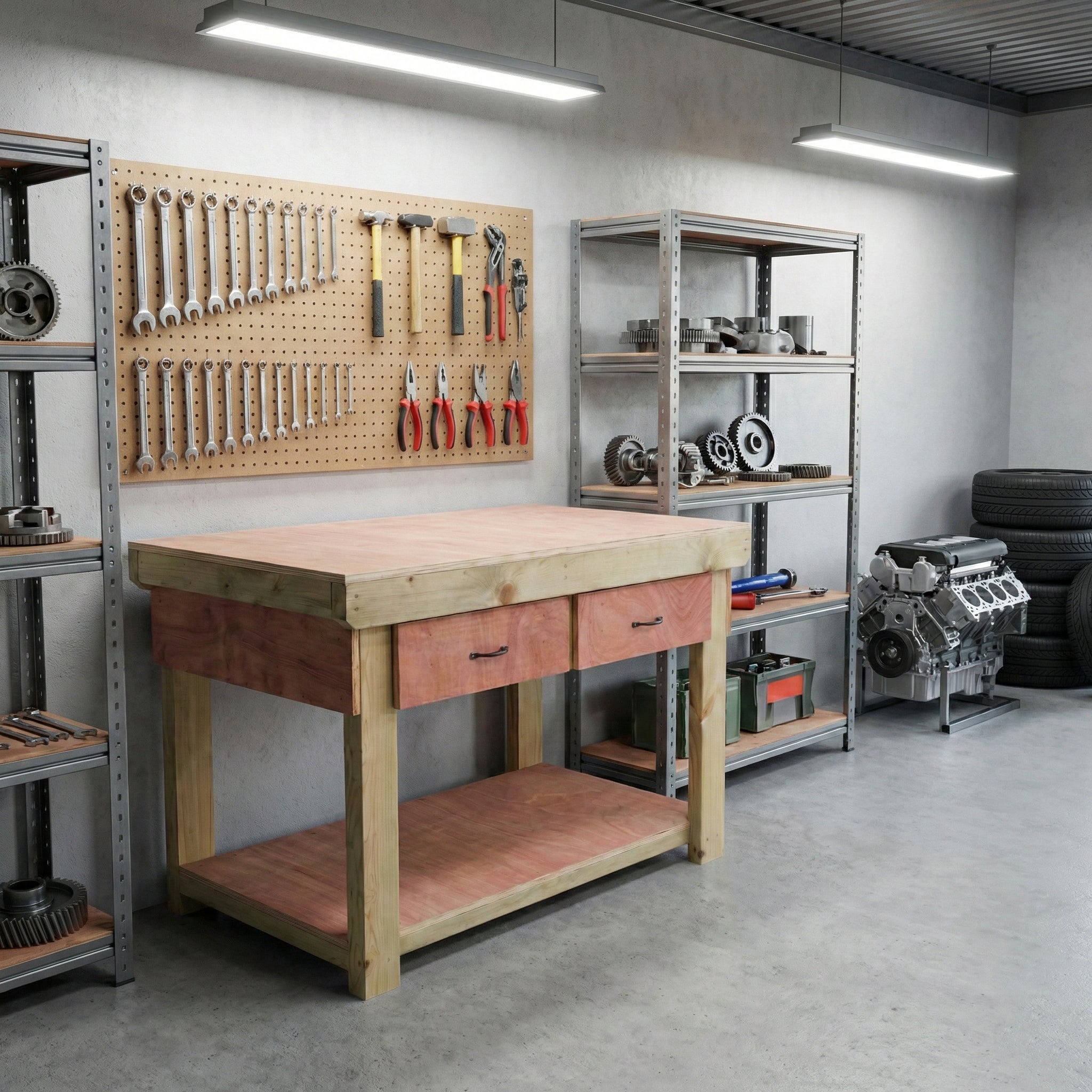 Wooden Eucalyptus hardwood workbench, tool cabinet with drawer (V.1)
