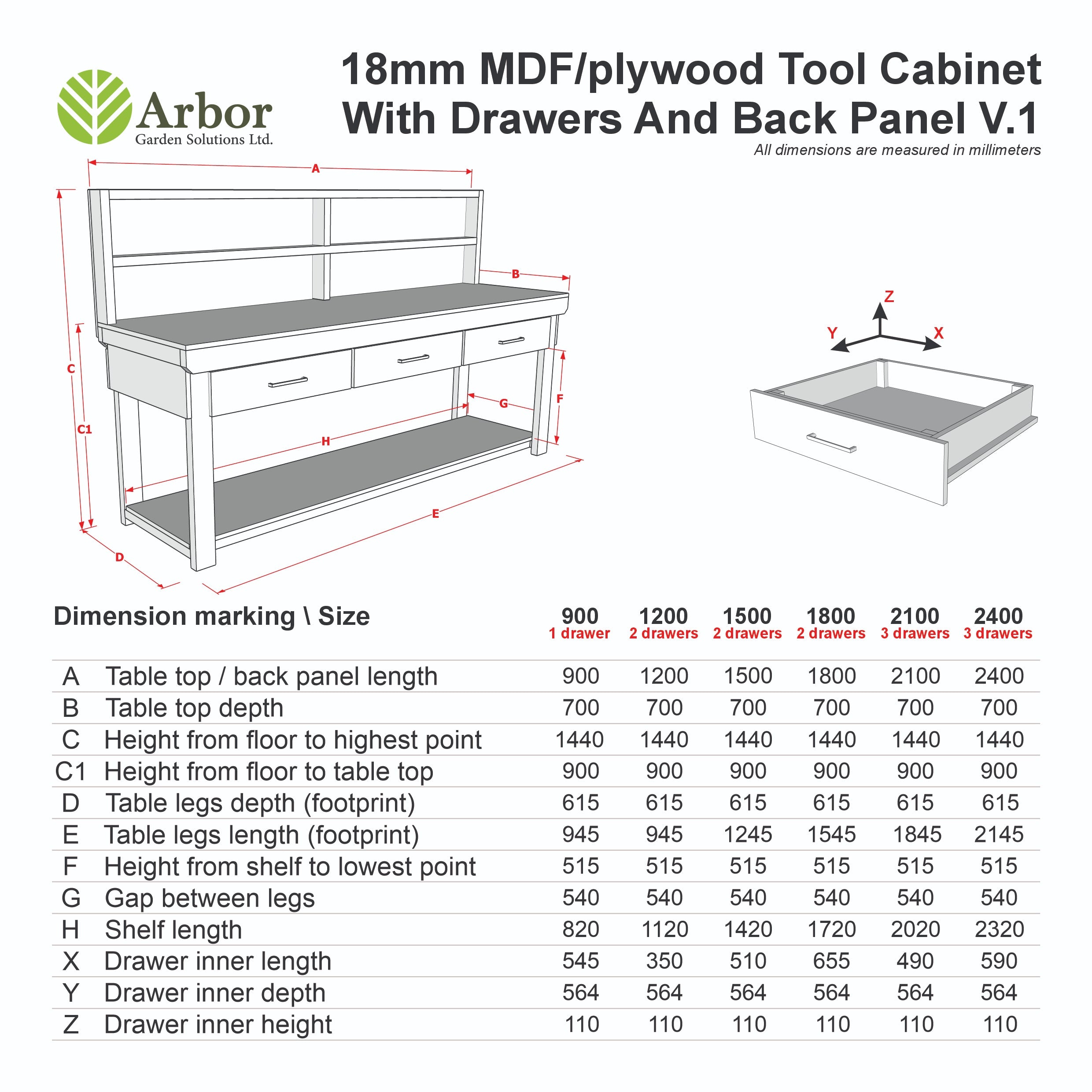 Wooden Eucalyptus hardwood workbench, tool cabinet with drawer (V.1) with back
