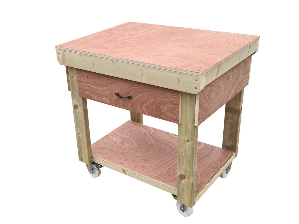 Wooden Eucalyptus hardwood workbench, tool cabinet with drawer (V.1) with wheels