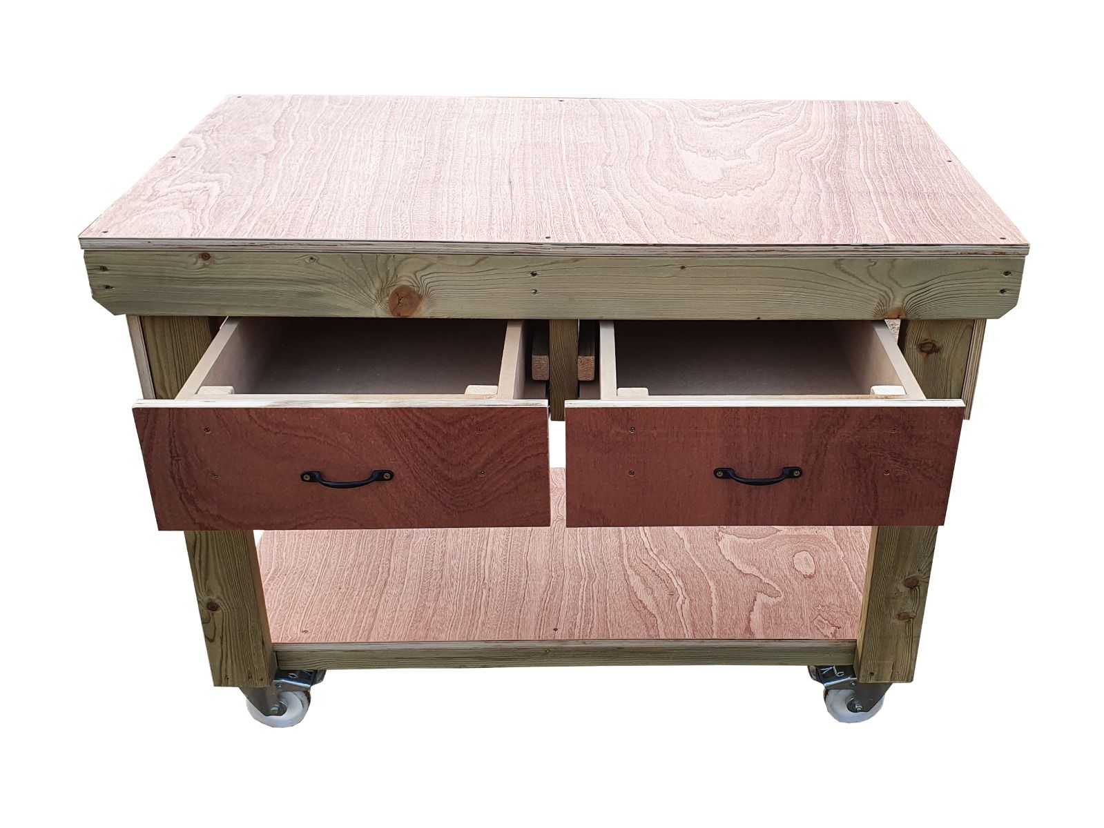 Wooden Eucalyptus hardwood workbench, tool cabinet with drawer (V.1) with wheels