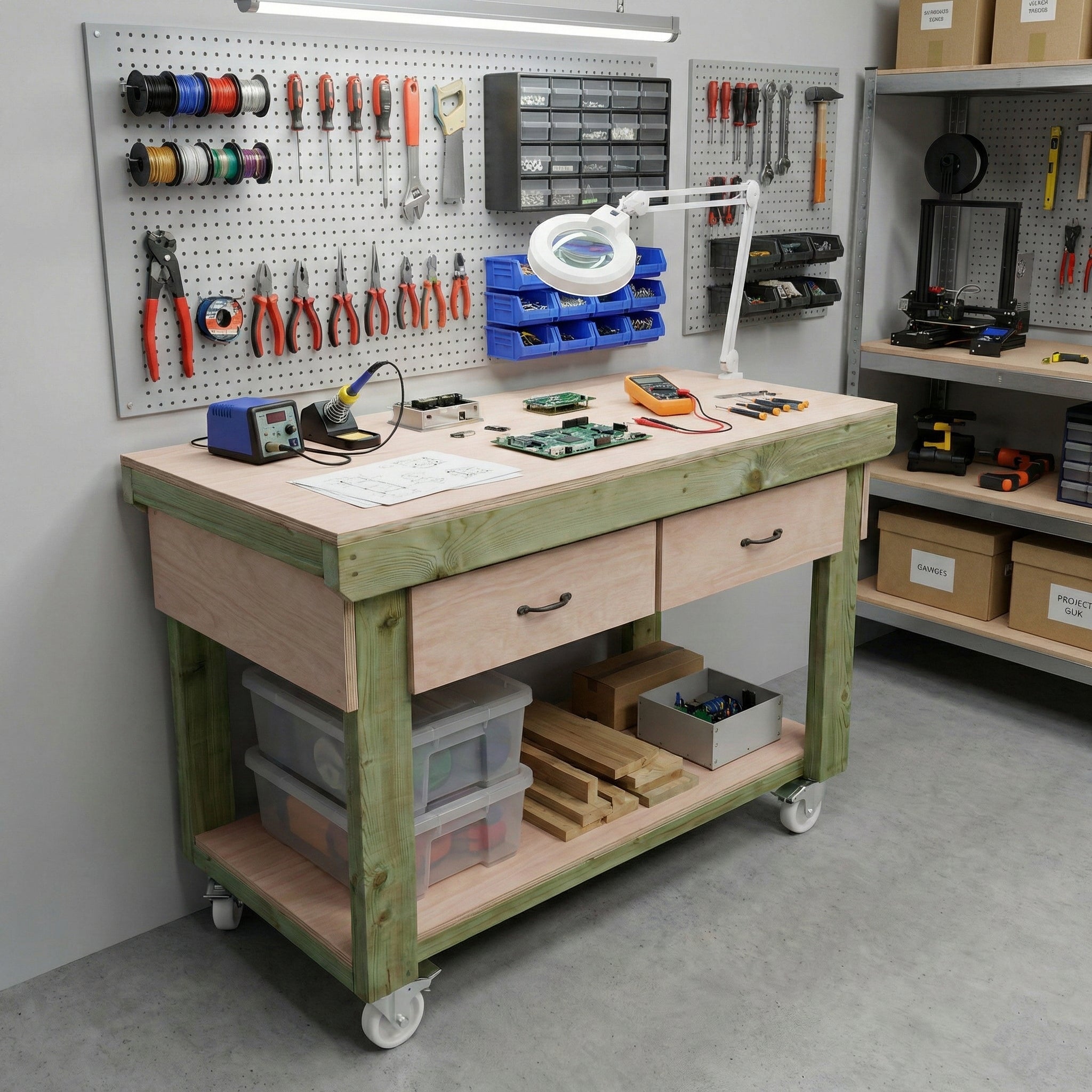 Wooden Eucalyptus hardwood workbench, tool cabinet with drawer (V.1) with wheels