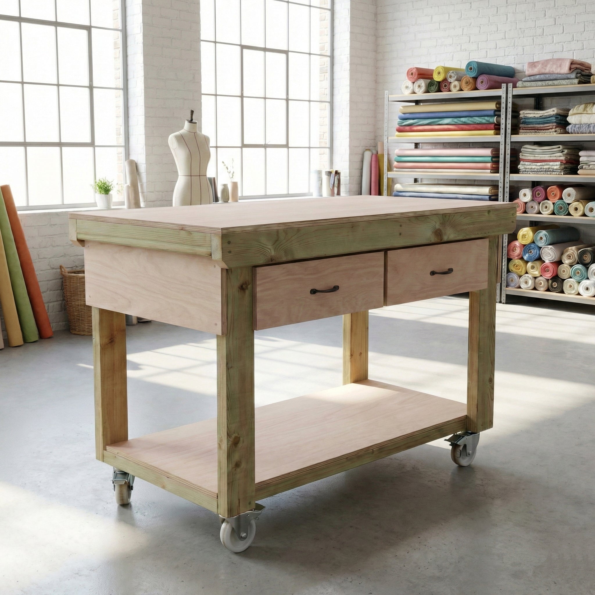 Wooden Eucalyptus hardwood workbench, tool cabinet with drawer (V.1) with wheels