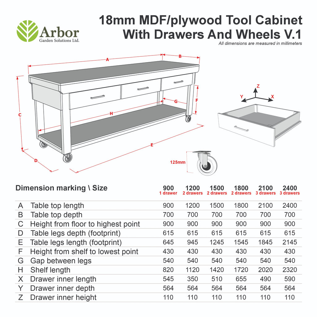Wooden Eucalyptus hardwood workbench, tool cabinet with drawer (V.1) with wheels