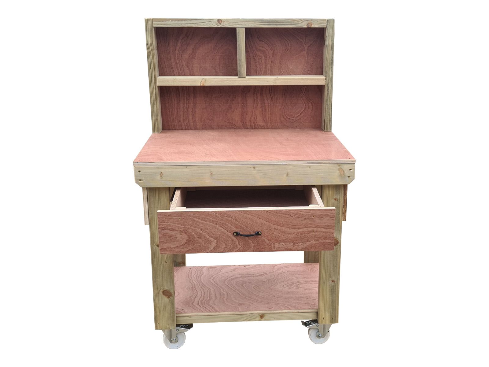 Wooden Eucalyptus hardwood workbench, tool cabinet with drawer (V.1) with back and wheels