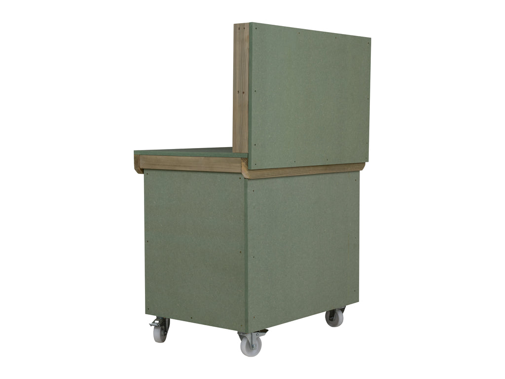 Wooden UniMDF Moisture Resistant Workbench With Lockable Cupboard (V.9) With Back panel, Wheels, Double shelf