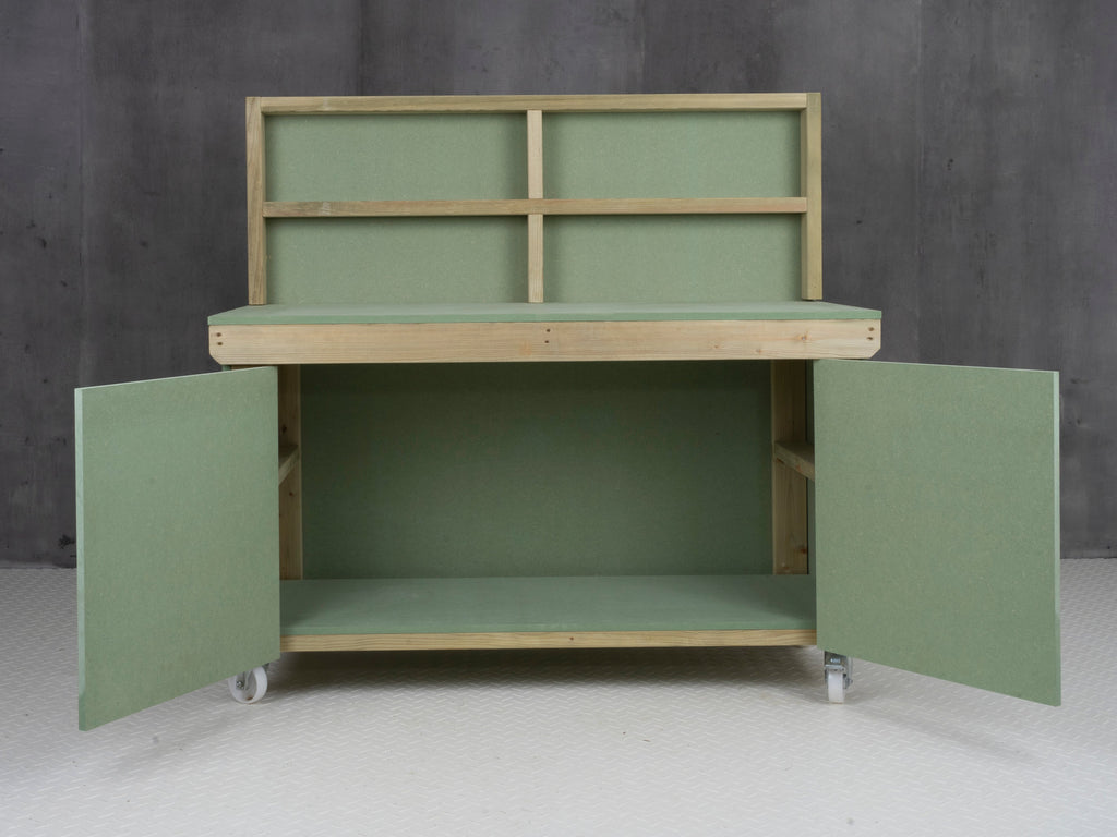 Wooden UniMDF Moisture Resistant Workbench With Lockable Cupboard (V.9) With Back panel, Wheels
