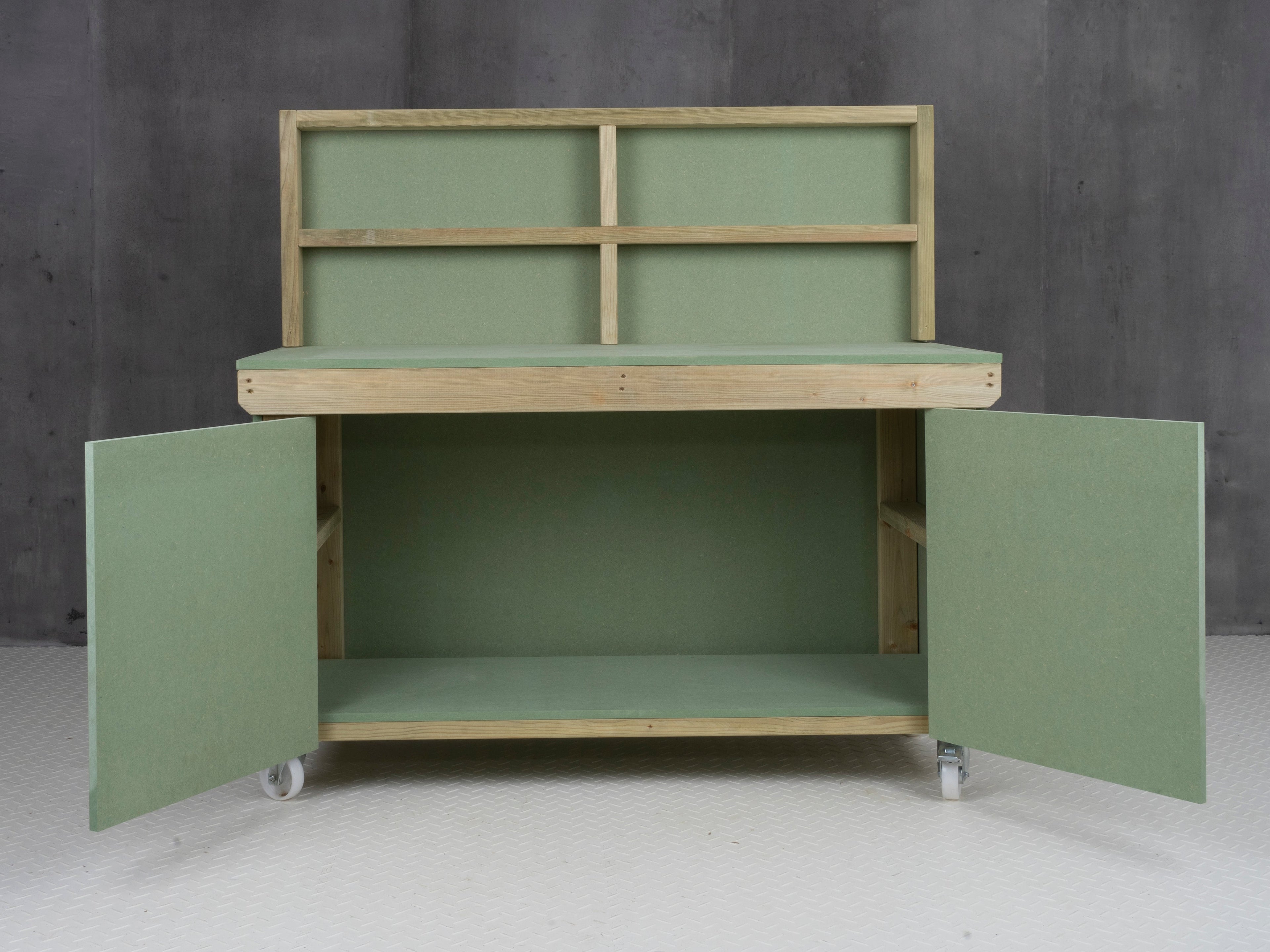 Wooden UniMDF Moisture Resistant Workbench With Lockable Cupboard (V.9) With Back panel, Wheels