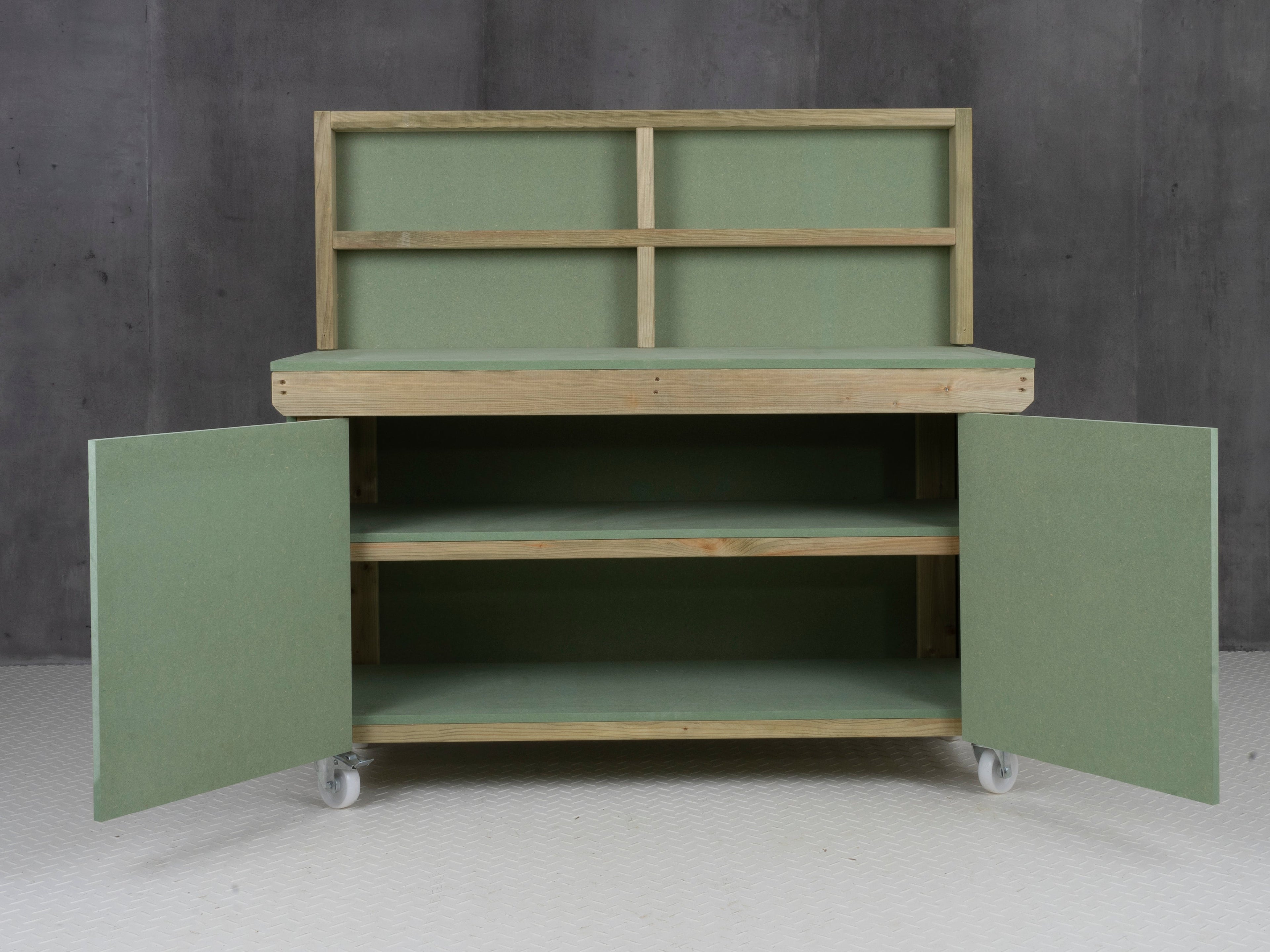 Wooden UniMDF Moisture Resistant Workbench With Lockable Cupboard (V.9) With Back panel, Wheels, Double shelf
