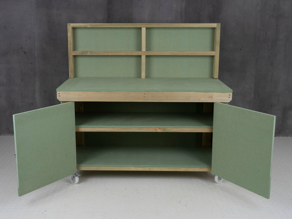 Wooden UniMDF Moisture Resistant Workbench With Lockable Cupboard (V.9) With Back panel, Wheels, Double shelf
