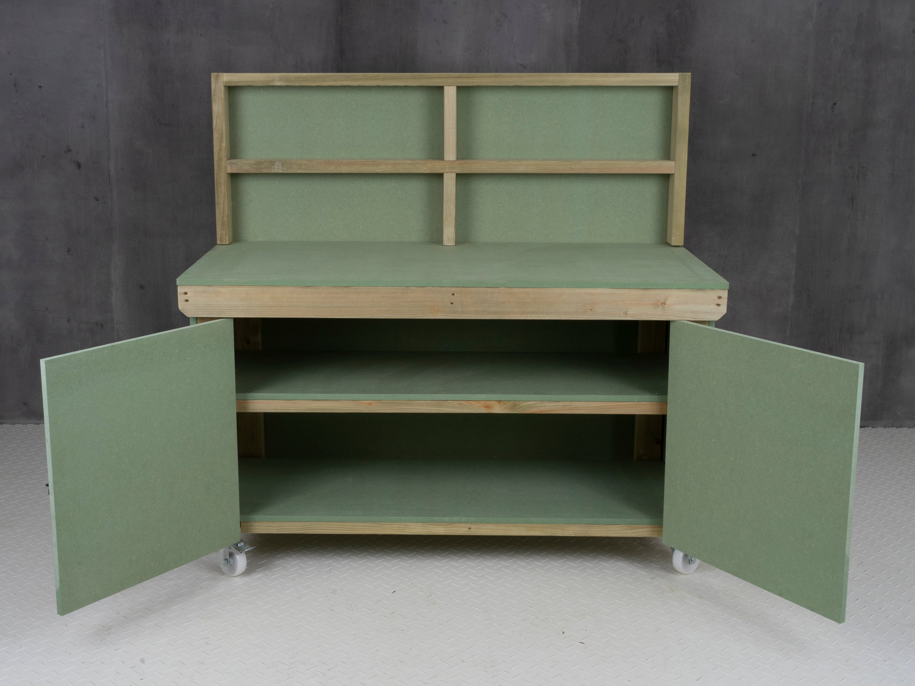 Wooden UniMDF Moisture Resistant Workbench With Lockable Cupboard (V.9) With Back panel, Wheels, Double shelf