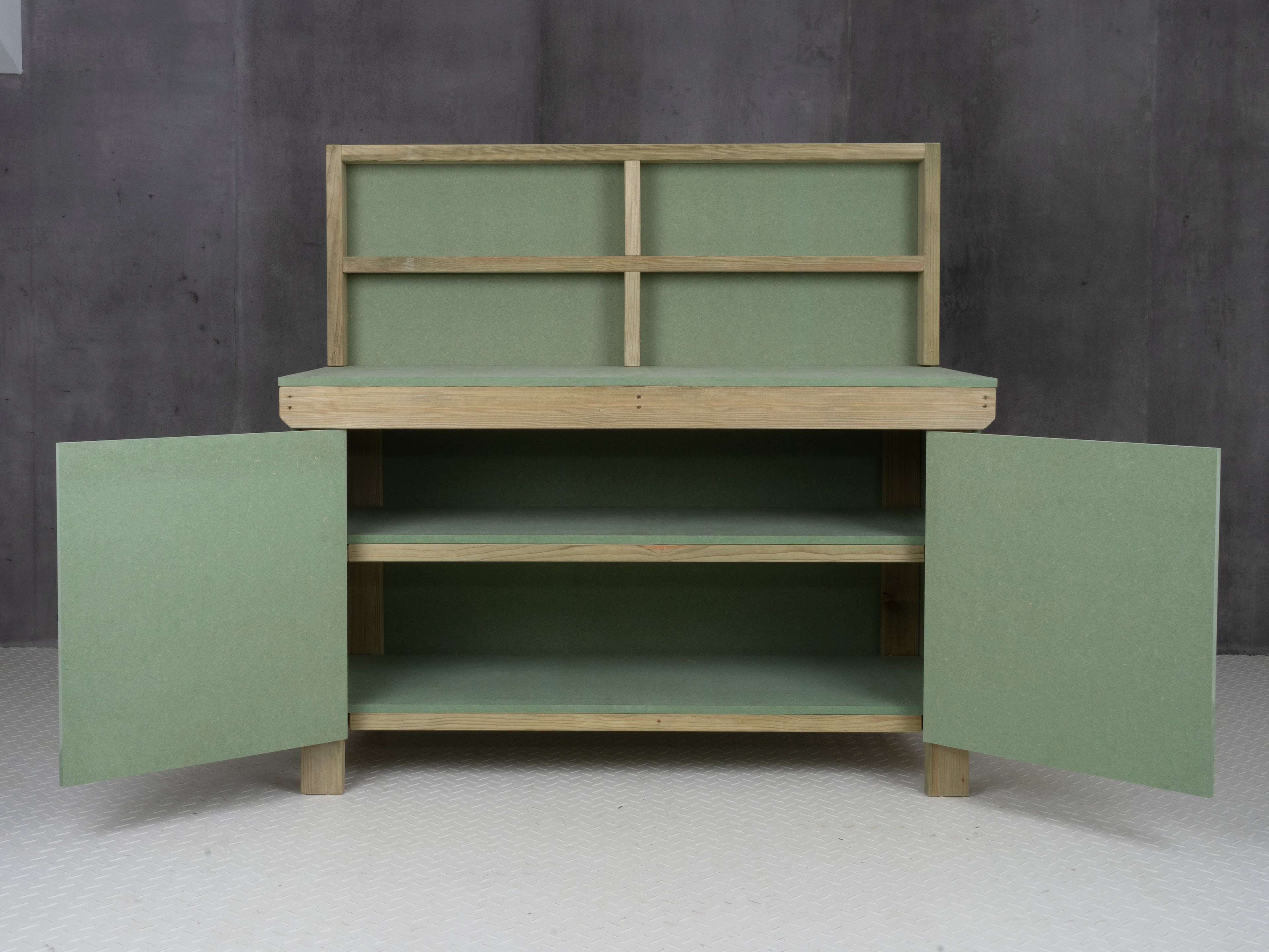 Wooden UniMDF Moisture Resistant Workbench With Lockable Cupboard (V.9) With Back panel, Double shelf