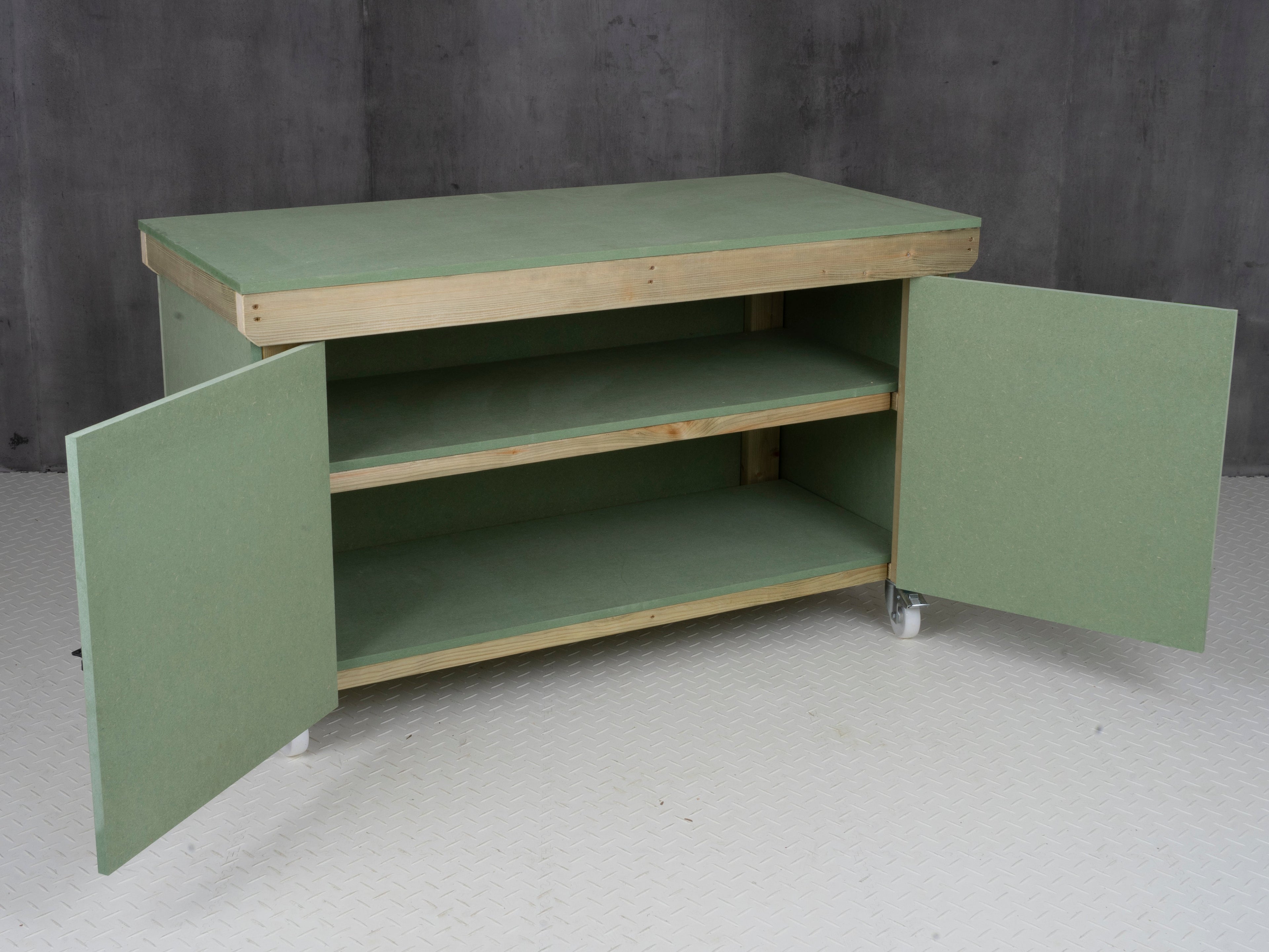 Wooden UniMDF Moisture Resistant Workbench With Lockable Cupboard (V.9) With Wheels, Double Shelf