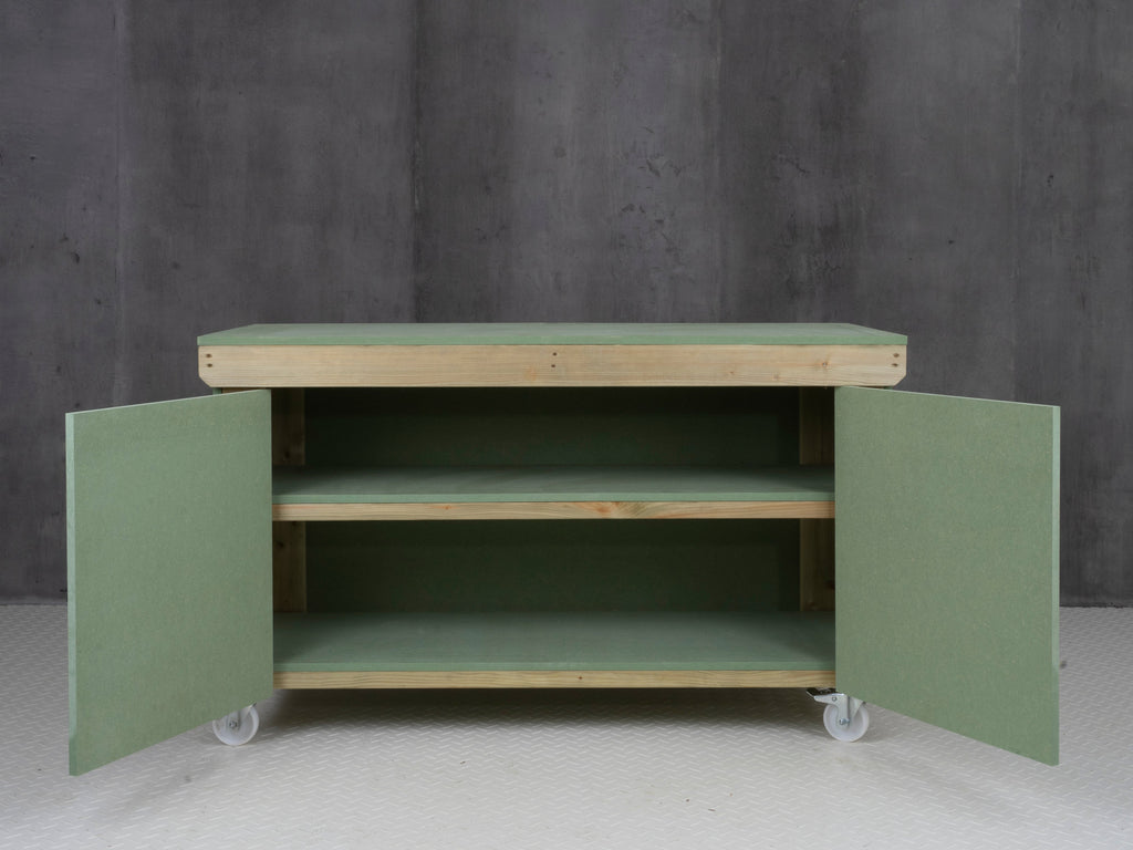 Wooden UniMDF Moisture Resistant Workbench With Lockable Cupboard (V.9) With Wheels, Double Shelf