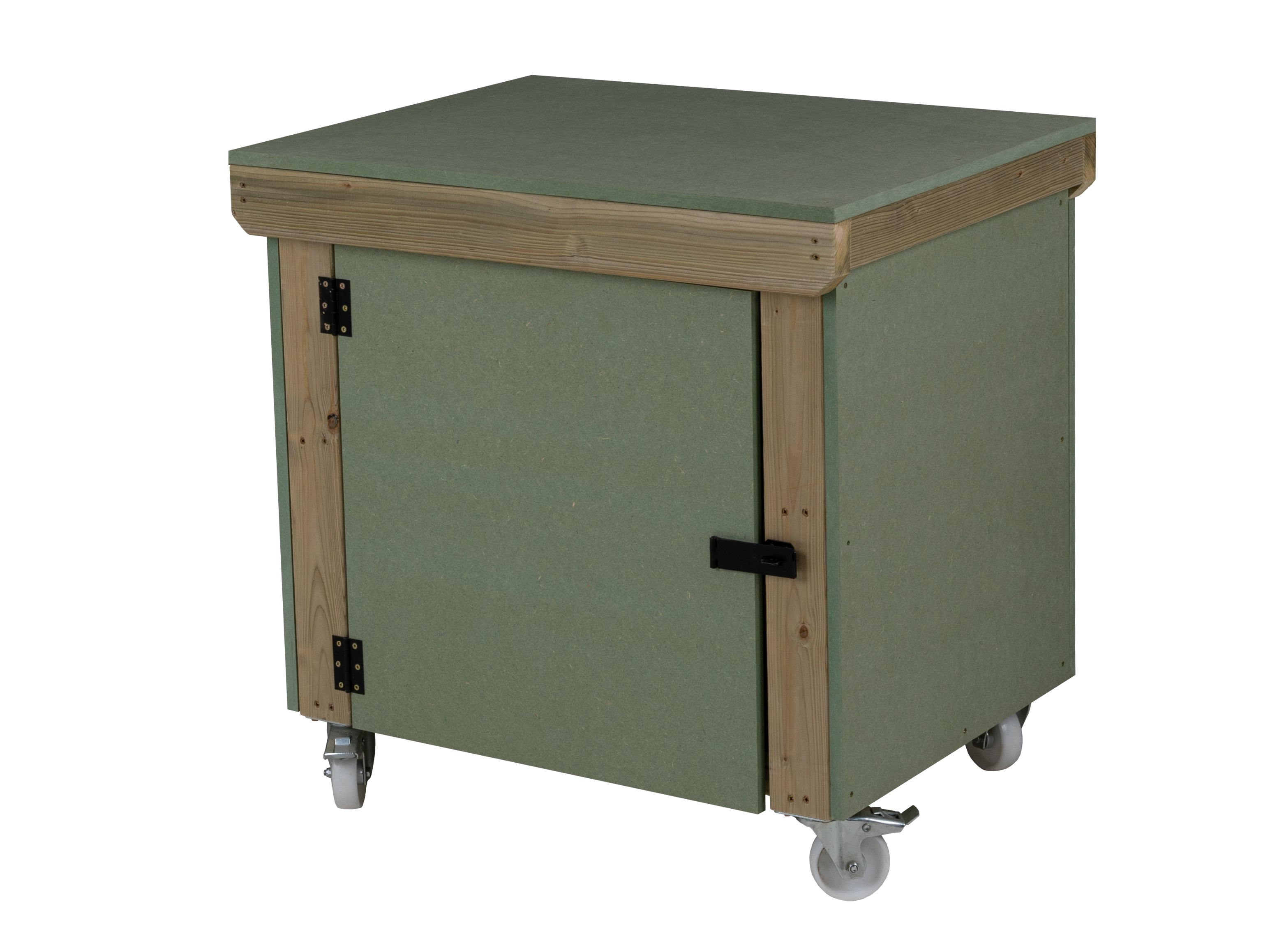 Wooden UniMDF Moisture Resistant Workbench With Lockable Cupboard (V.9) With Wheels, Double Shelf
