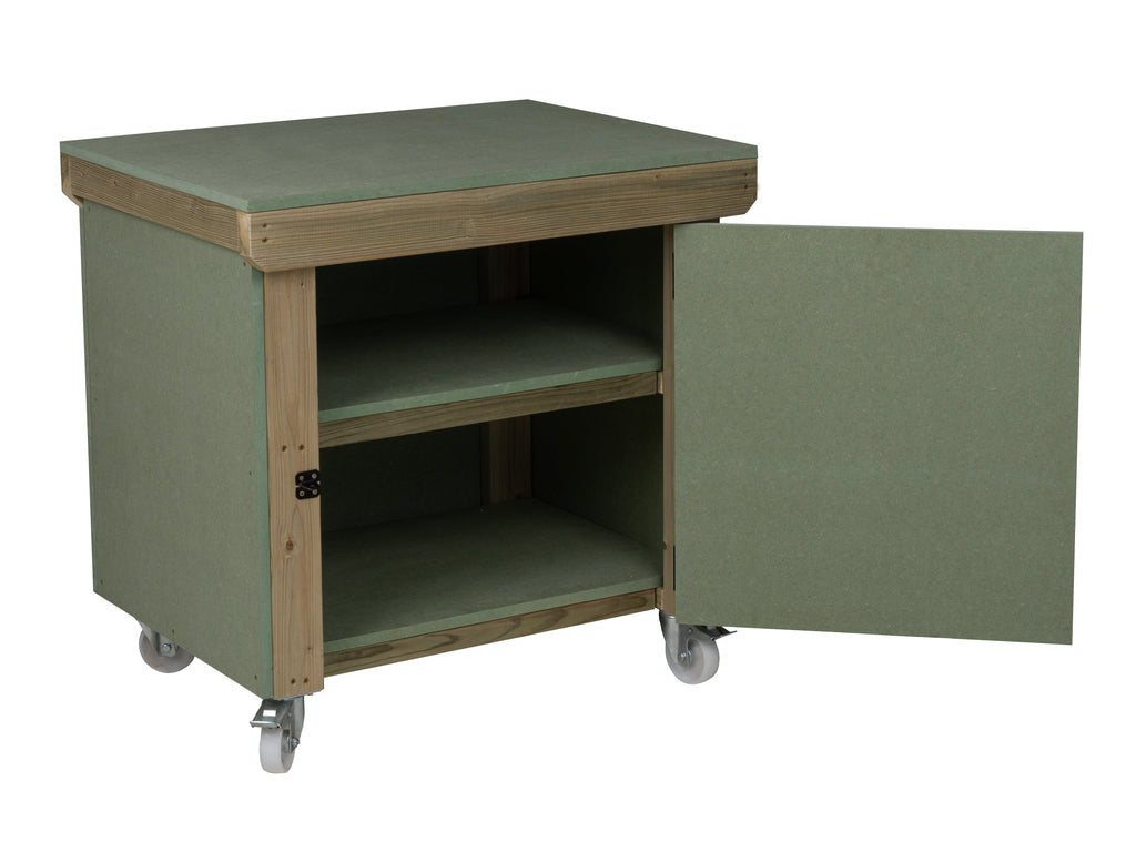 Wooden UniMDF Moisture Resistant Workbench With Lockable Cupboard (V.9) With Wheels, Double Shelf
