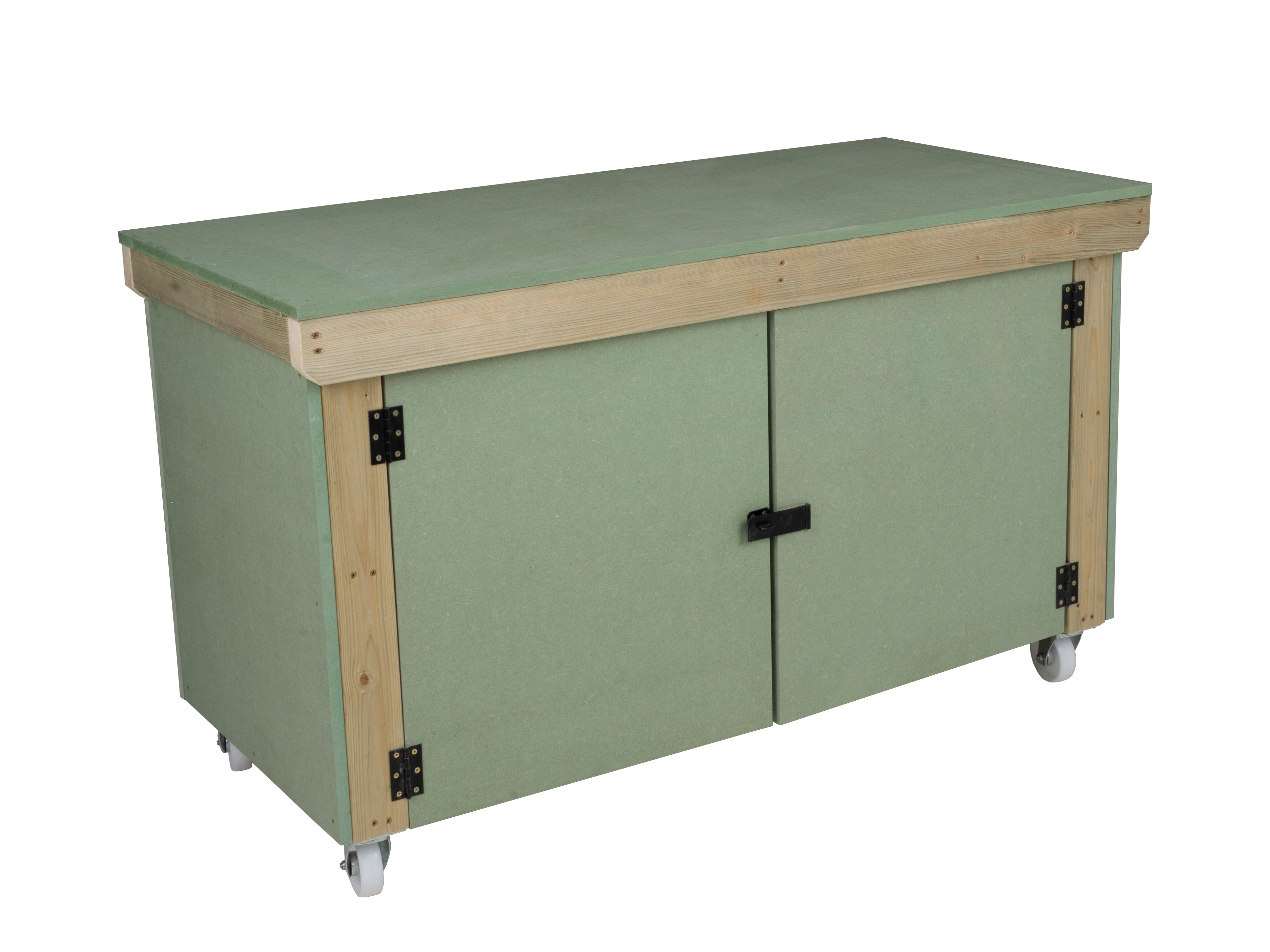 Wooden UniMDF Moisture Resistant Workbench With Lockable Cupboard (V.9) With Wheels, Double Shelf