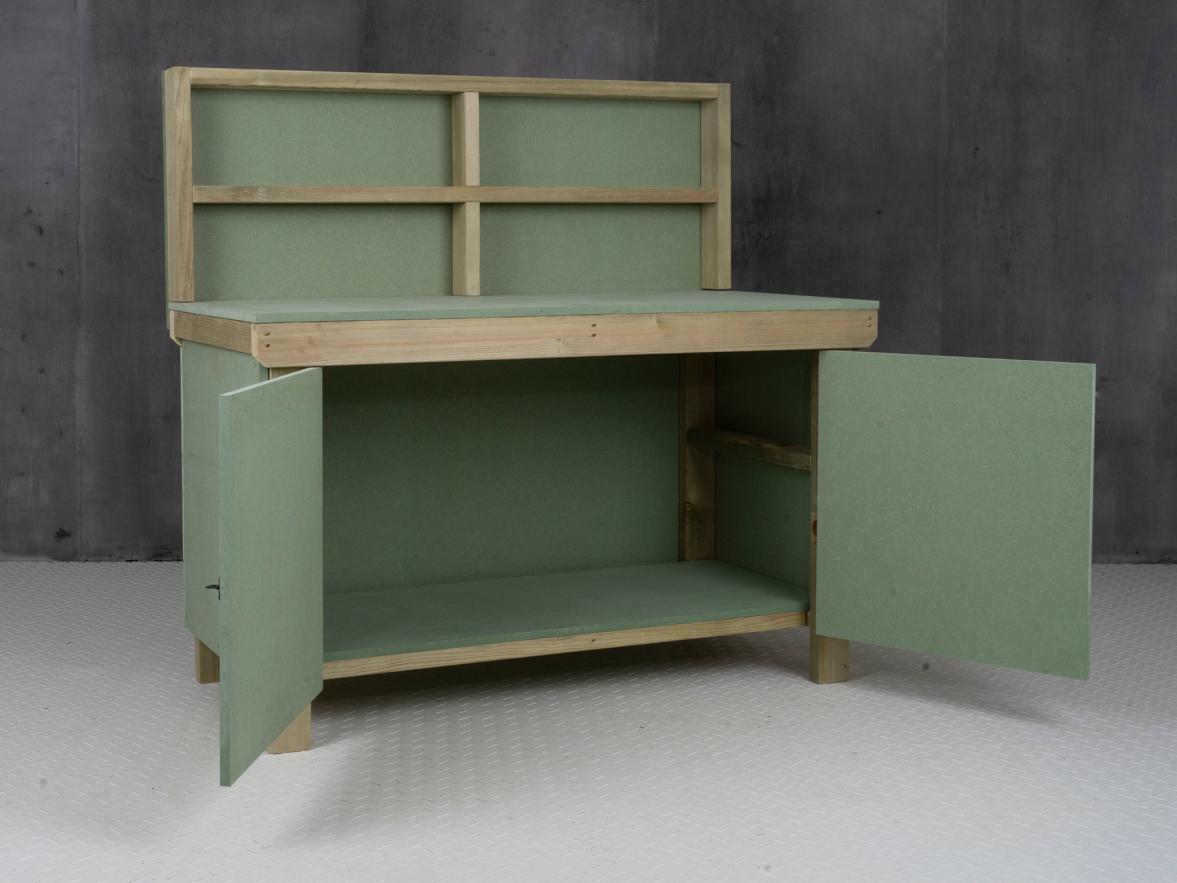 Wooden UniMDF Moisture Resistant Workbench With Lockable Cupboard (V.9) With Back panel