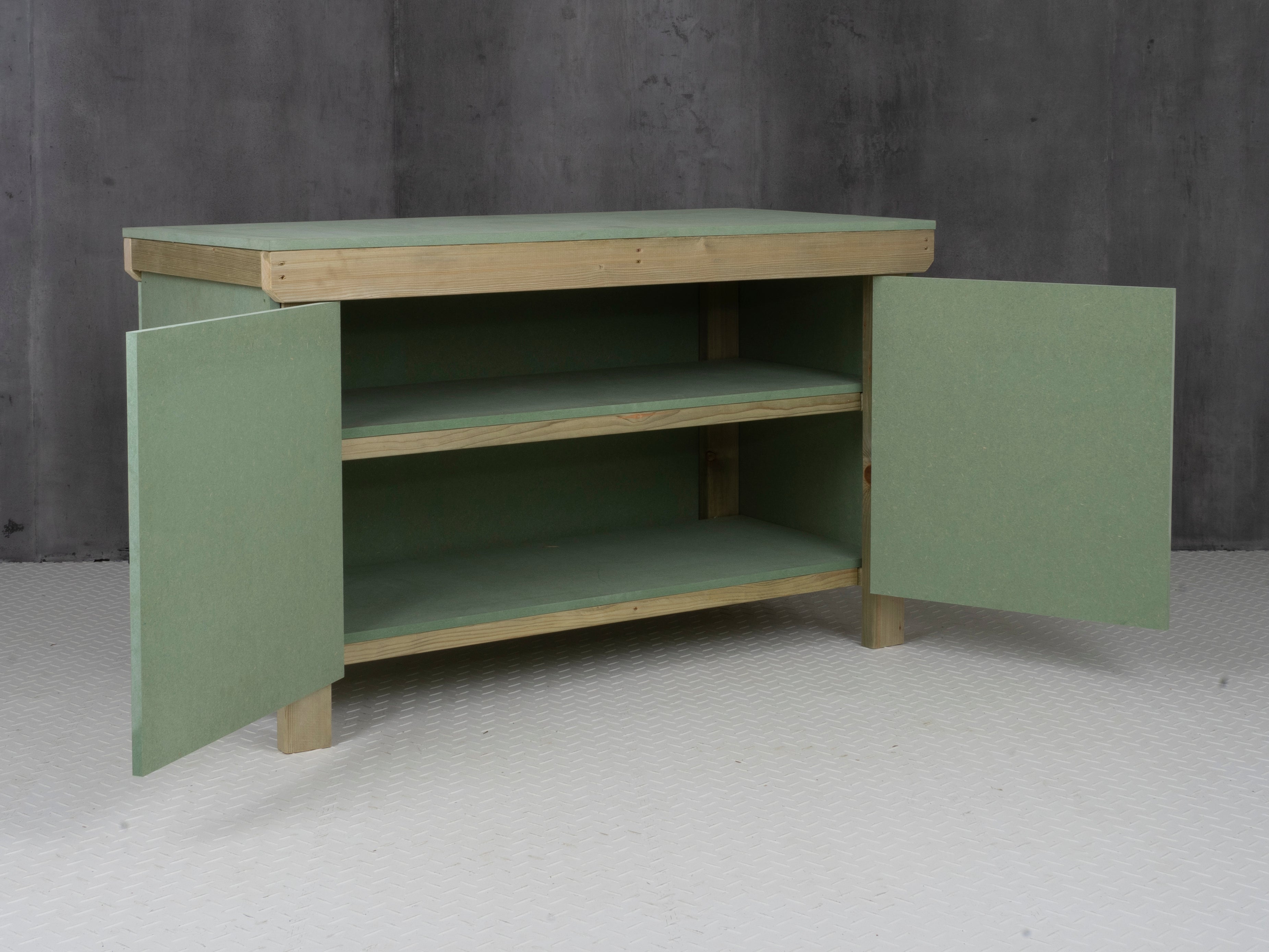Wooden UniMDF Moisture Resistant Workbench With Lockable Cupboard (V.9) Double Shelf